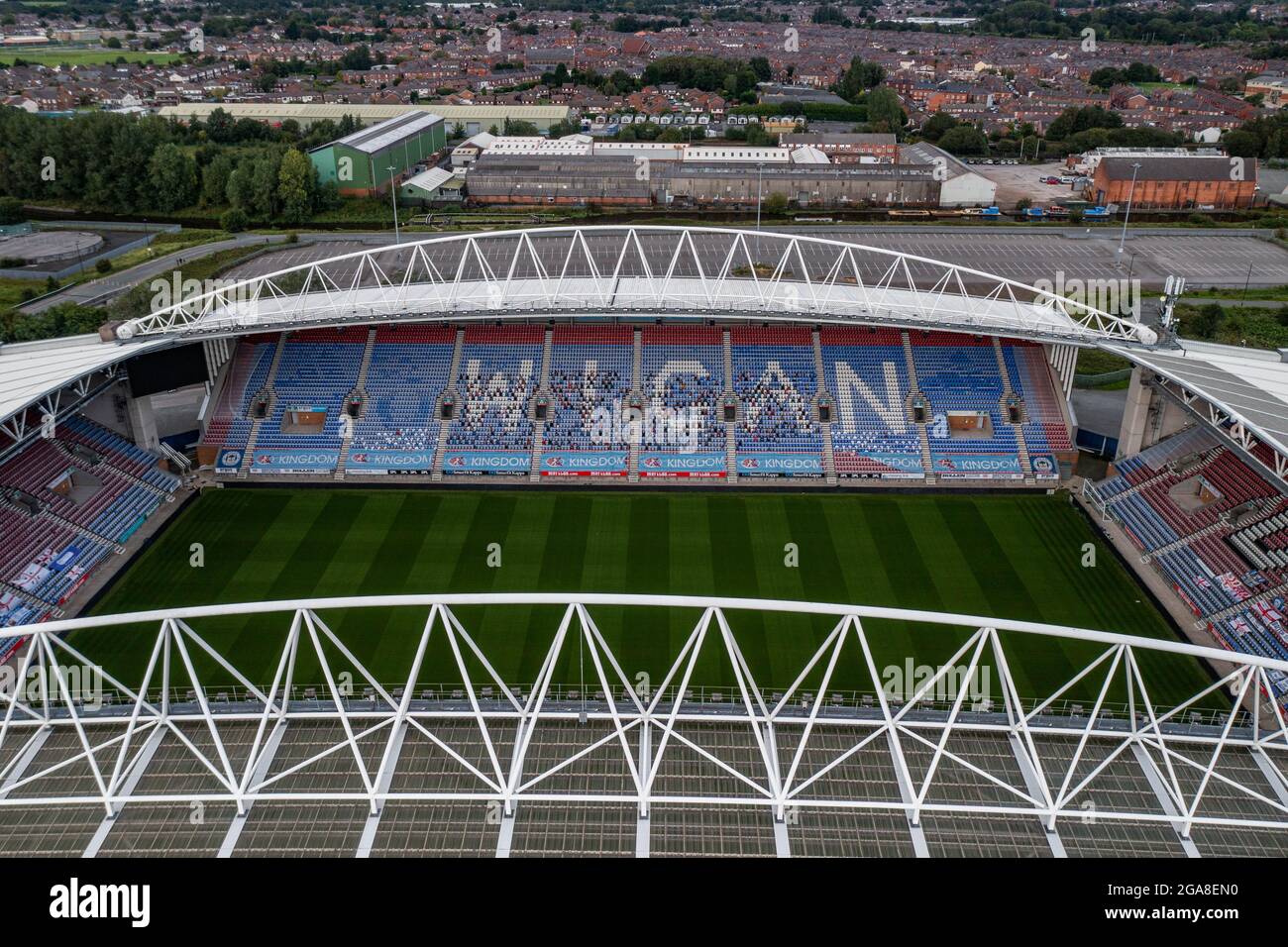 Wigan Athletic football Club DW Stadium photo aérienne Drone Photographie les Letics Banque D'Images