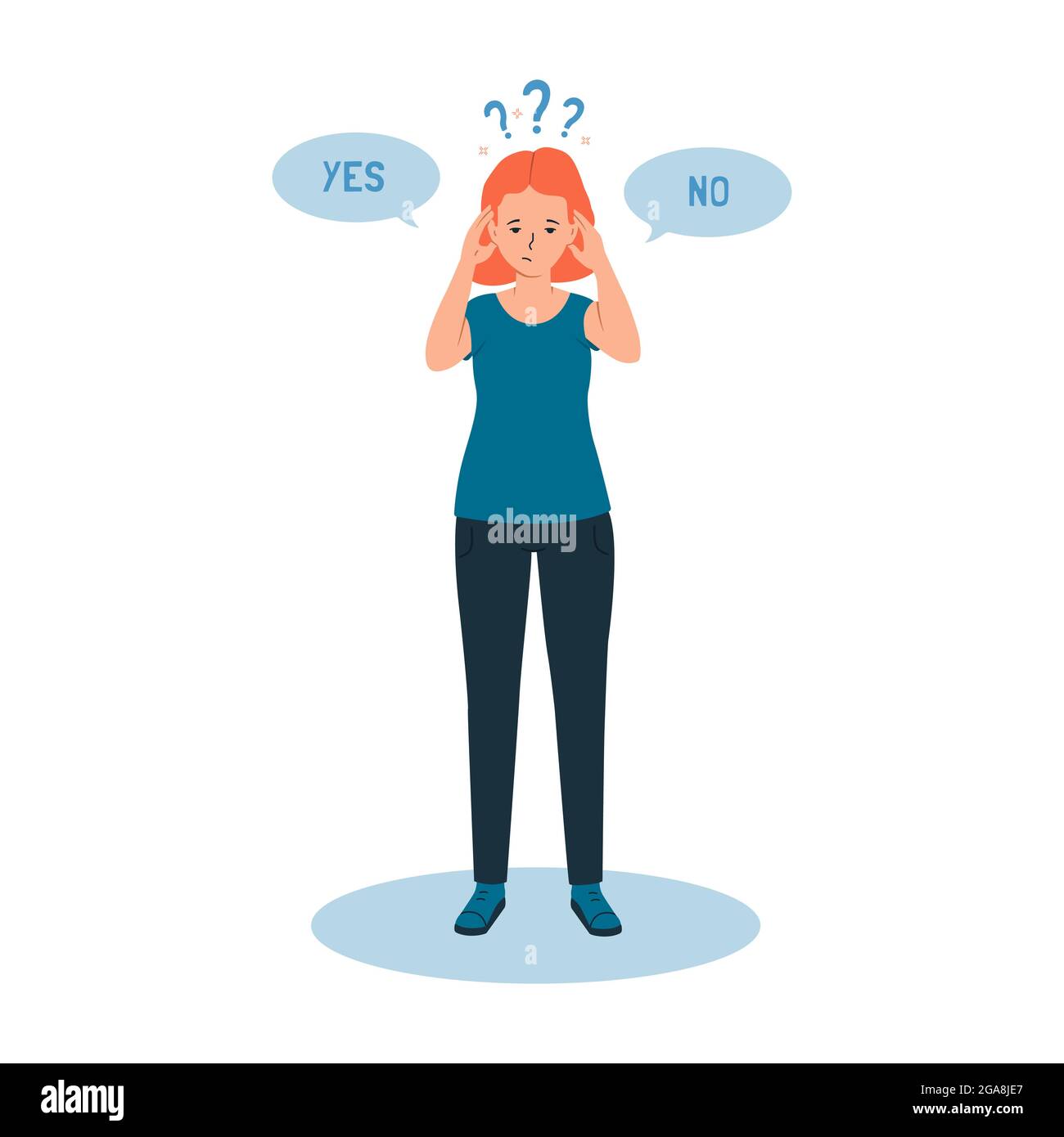 La fille ressent un doute, il est difficile pour elle de faire le bon choix, oui ou non Le concept de dissonance cognitive. Illustration vectorielle Illustration de Vecteur