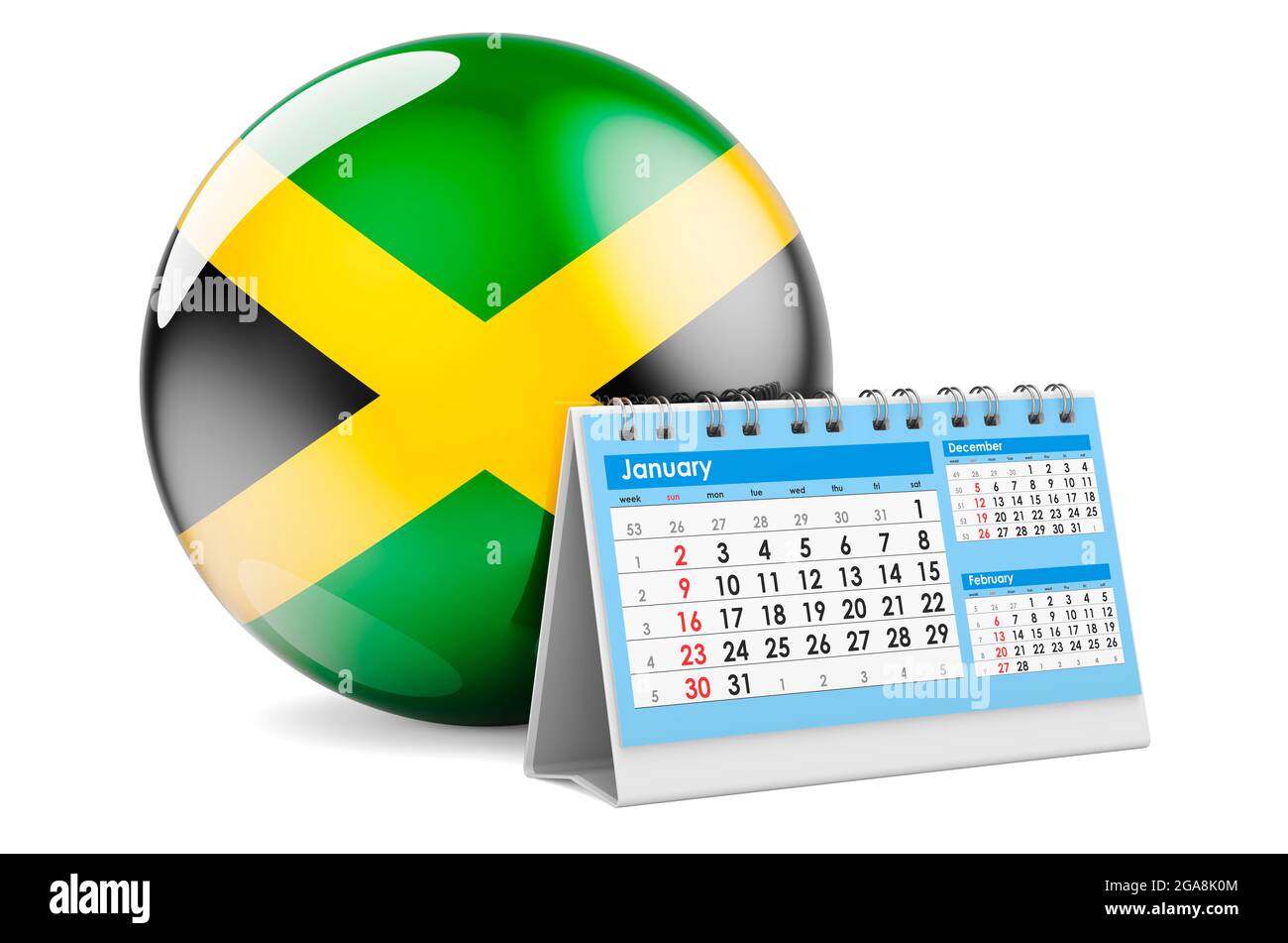 Calendrier du bureau avec drapeau jamaïcain. Rendu 3D isolé sur fond blanc Banque D'Images