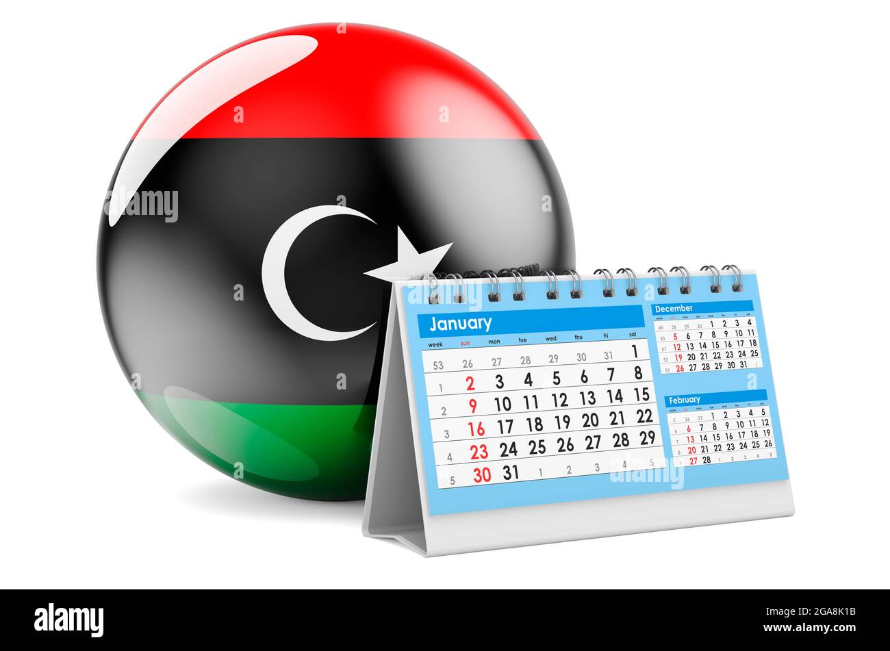 Calendrier de bureau avec drapeau libyen. Rendu 3D isolé sur fond blanc Banque D'Images