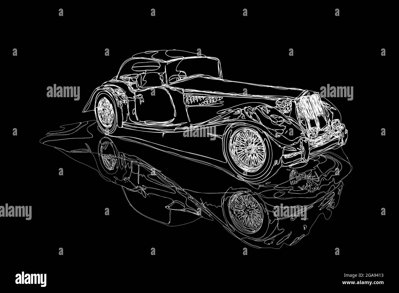 Illustration d'une voiture d'époque à tige chaude en ligne blanche sur fond noir, pour une illustration graphique minimaliste. Banque D'Images