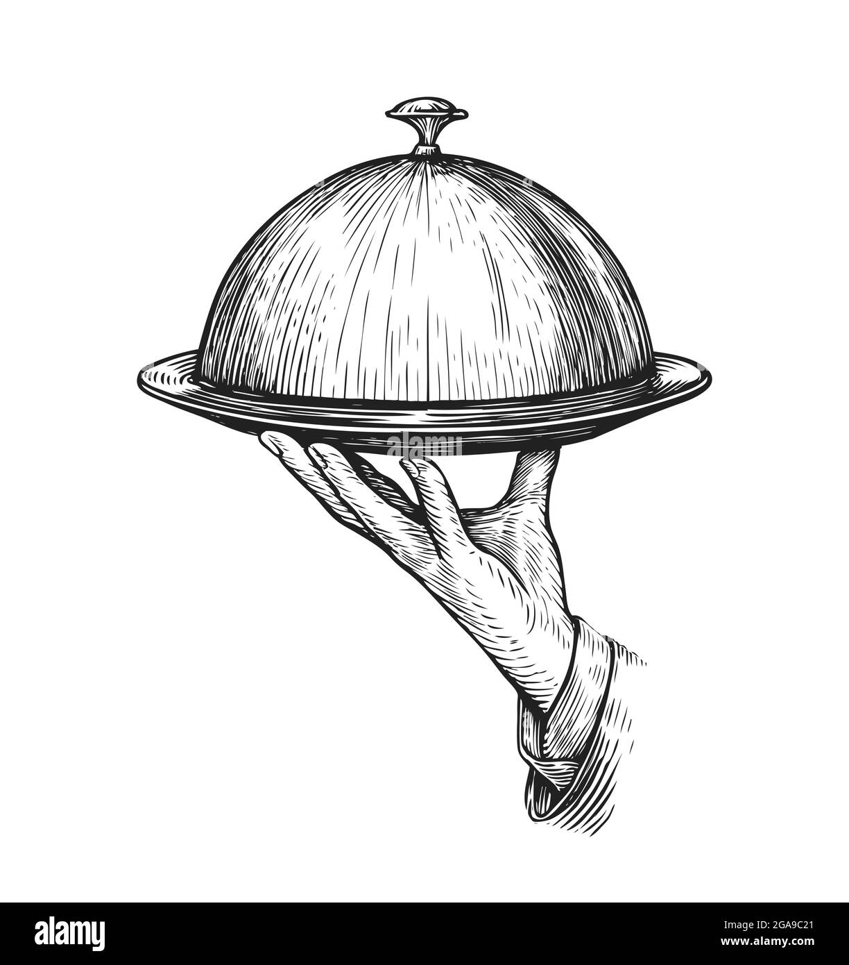 Plateau de maintien avec couvercle. Serveur servant de la nourriture. Illustration vectorielle vintage dans le menu du restaurant Illustration de Vecteur