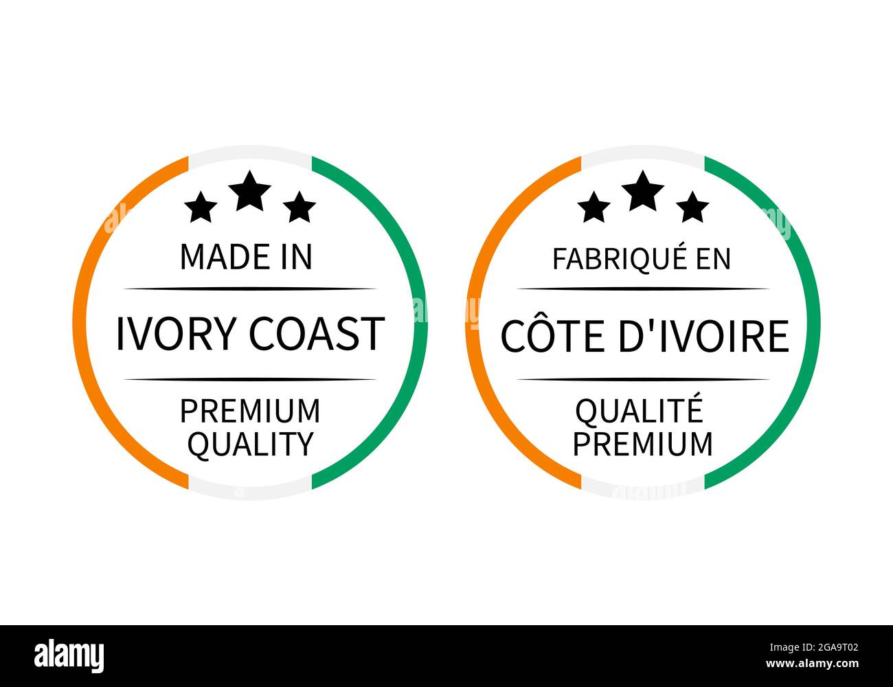 Fabriqué en Côte d'Ivoire, les étiquettes rondes sont en anglais et en  français. Icône de vecteur de repère de qualité. Idéal pour le logo, les  étiquettes, les badges, les autocollants et l'emblème