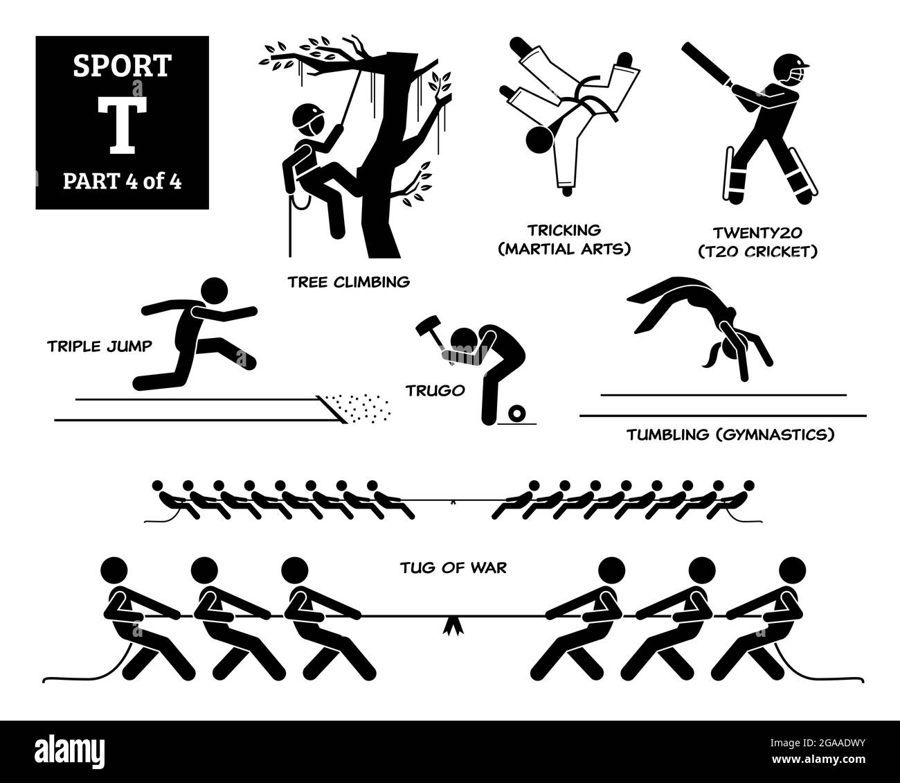 Icônes vecteur T de l'alphabet des jeux de sport pictogramme. Escalade d'arbres, arts martiaux de la frappe, twenty20, triple saut, trugo, exercice de la gymnastique et de la guerre. Illustration de Vecteur
