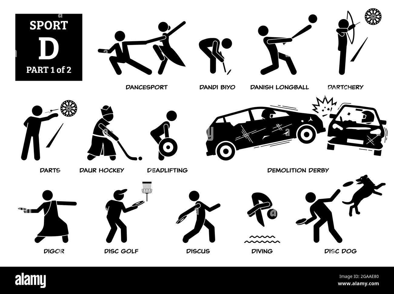 Icônes vecteur D de l'alphabet des jeux de sport pictogramme. DanceSport, dandi biyo, Longball danois, fléchettes, daur hockey, mort-levage, démolition derby, Illustration de Vecteur