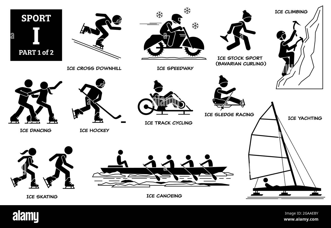 Jeux de sport alphabet I symboles vecteur pictogramme. Descente sur glace, circuit de course, stock-sport, curling bavarois, escalade, danse, hockey sur glace, piste cyci Illustration de Vecteur