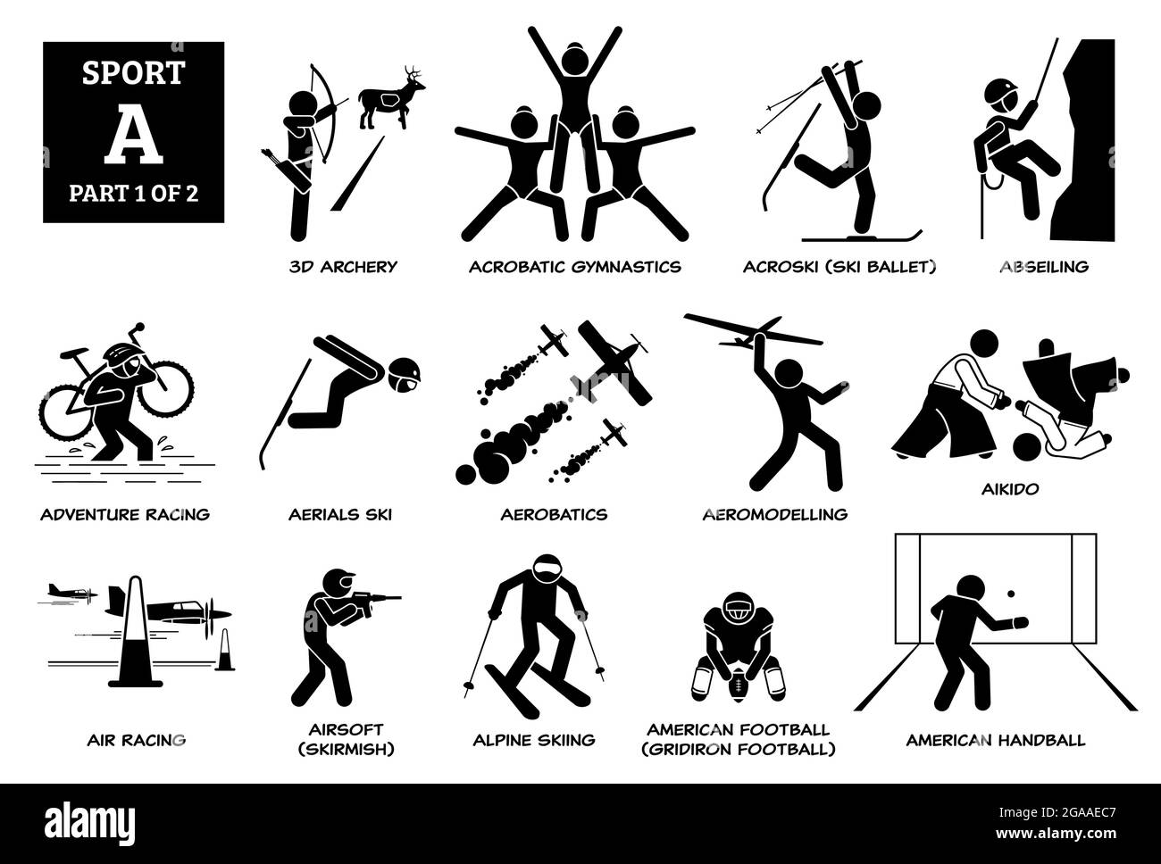 Jeux de sport alphabet UN vecteur icônes pictogramme. Tir à l'arc 3D, gymnastique acrobatique, acroski, descente en rappel, courses d'aventure, antennes ski, aikido, airsoft, a Illustration de Vecteur