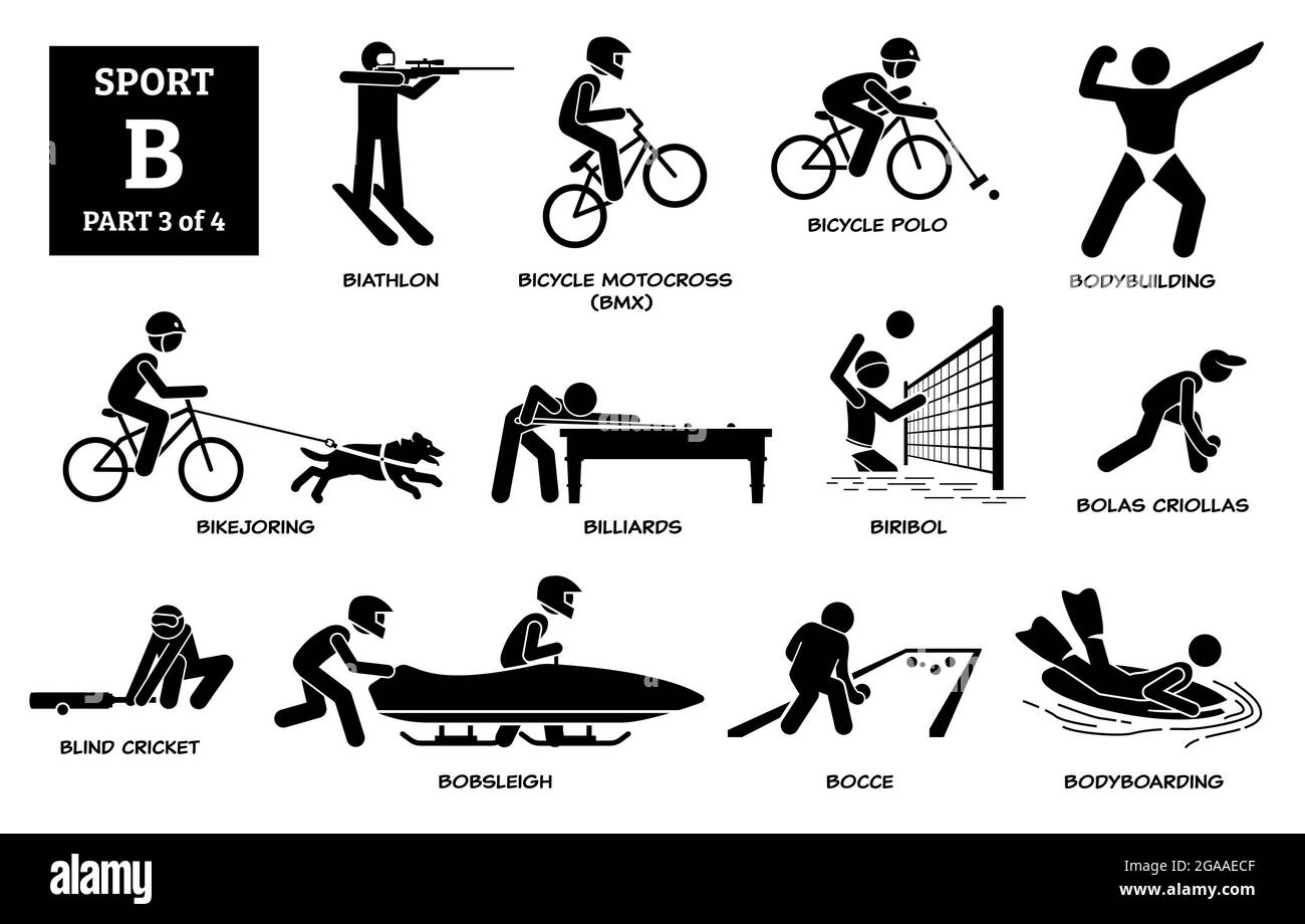 Jeux de sport alphabet B icônes vectorielles pictogramme. Biathlon, motocross à vélo, polo à vélo, culturisme, bikejooring, billard, biribol, boles criolla Illustration de Vecteur