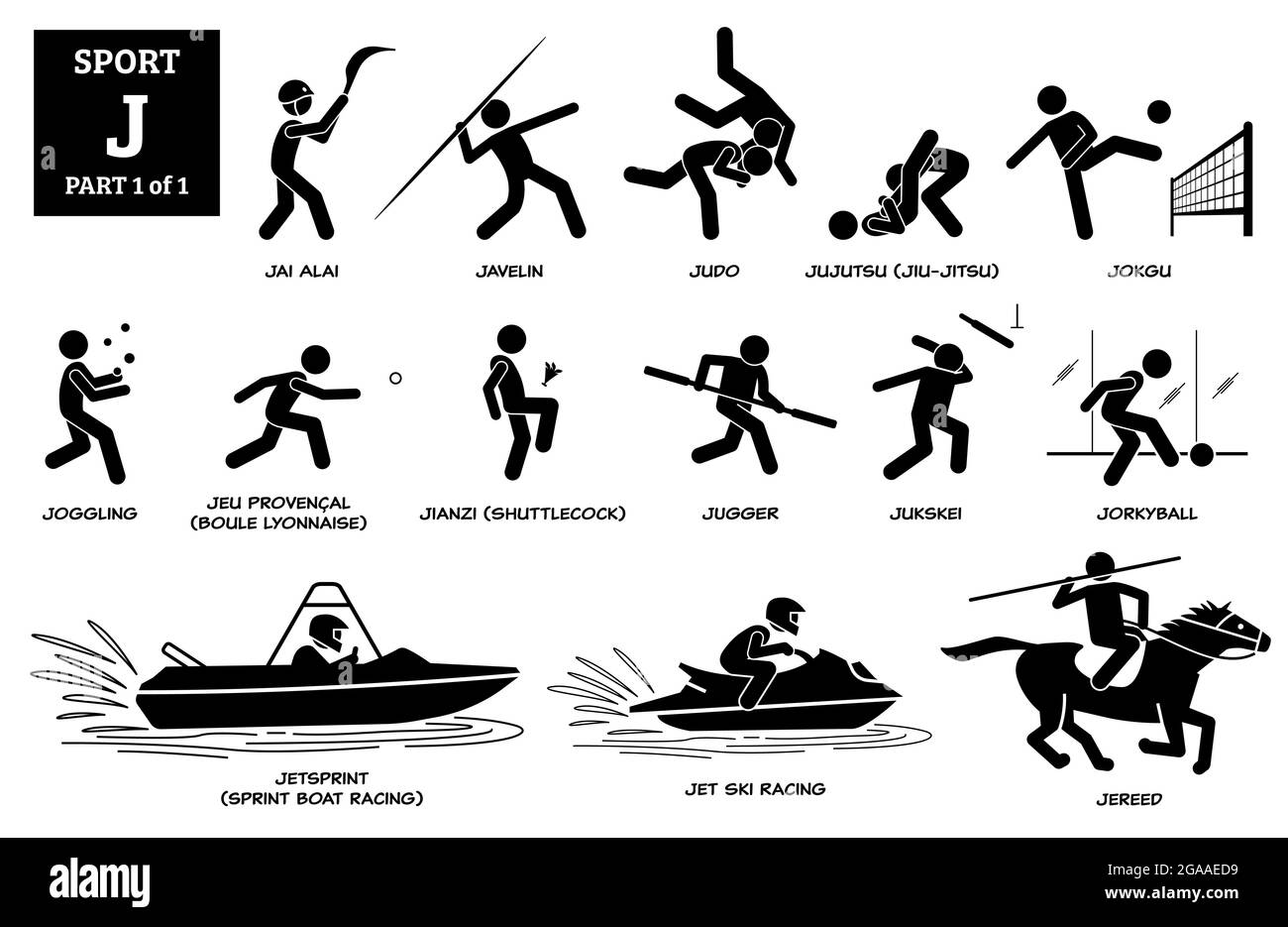 Jeux de sport alphabet J vecteur icônes pictogramme. Jai alai, javelin, judo, jujujujutsu, jiu-jitsu, jokgu, joggling, jugger, jukskei, jorkyball, jetsprint, sp Illustration de Vecteur