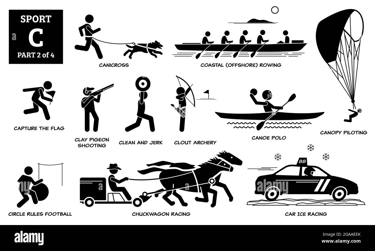 Icônes vecteur C de l'alphabet des jeux de sport pictogramme. Canicross, aviron côtier, drapeau de capture, tir de pigeon d'argile, jerk propre, tir à l'arc, canoë-polo, c Illustration de Vecteur