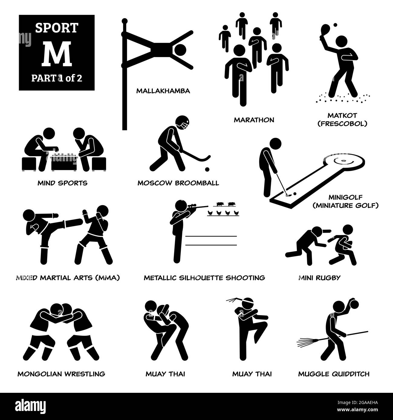 Icônes vecteur M de l'alphabet des jeux de sport pictogramme. Mallakhamba, marathon, matkot, fresques, sports d'esprit, Broomball de Moscou, mini-golf, mini-golf, MMA Illustration de Vecteur