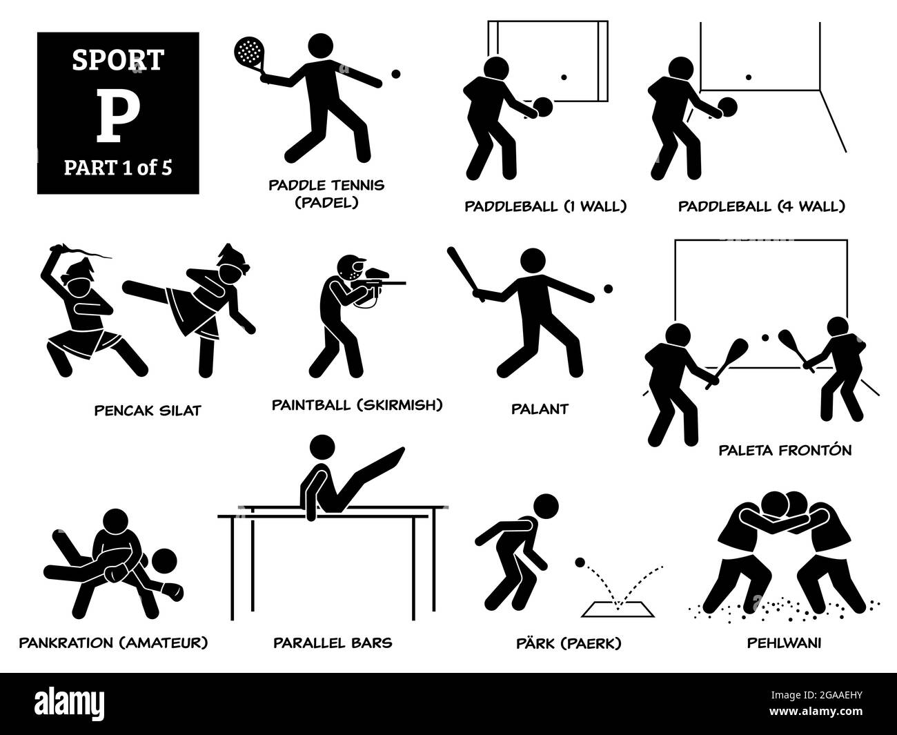 Icônes vecteur P des jeux de sport pictogramme. Paddle-tennis, padel, paddleball, liat de pajak, escarmouche de paintball, palant, front de paleta, pankration Illustration de Vecteur