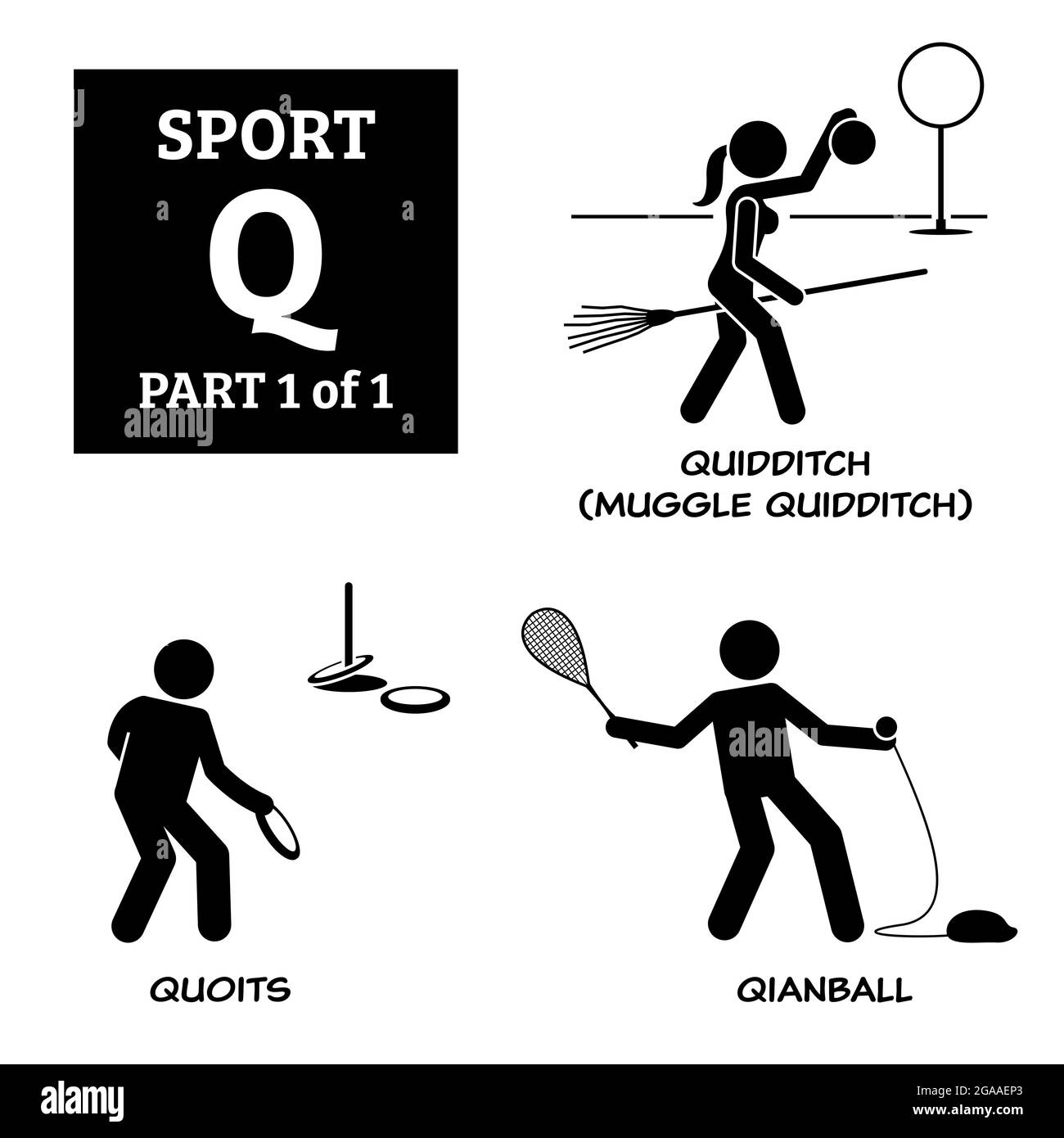 Jeux de sport alphabet Q vecteur icônes pictogramme. Quidditch, quidditch, quoits et qianball. Illustration de Vecteur
