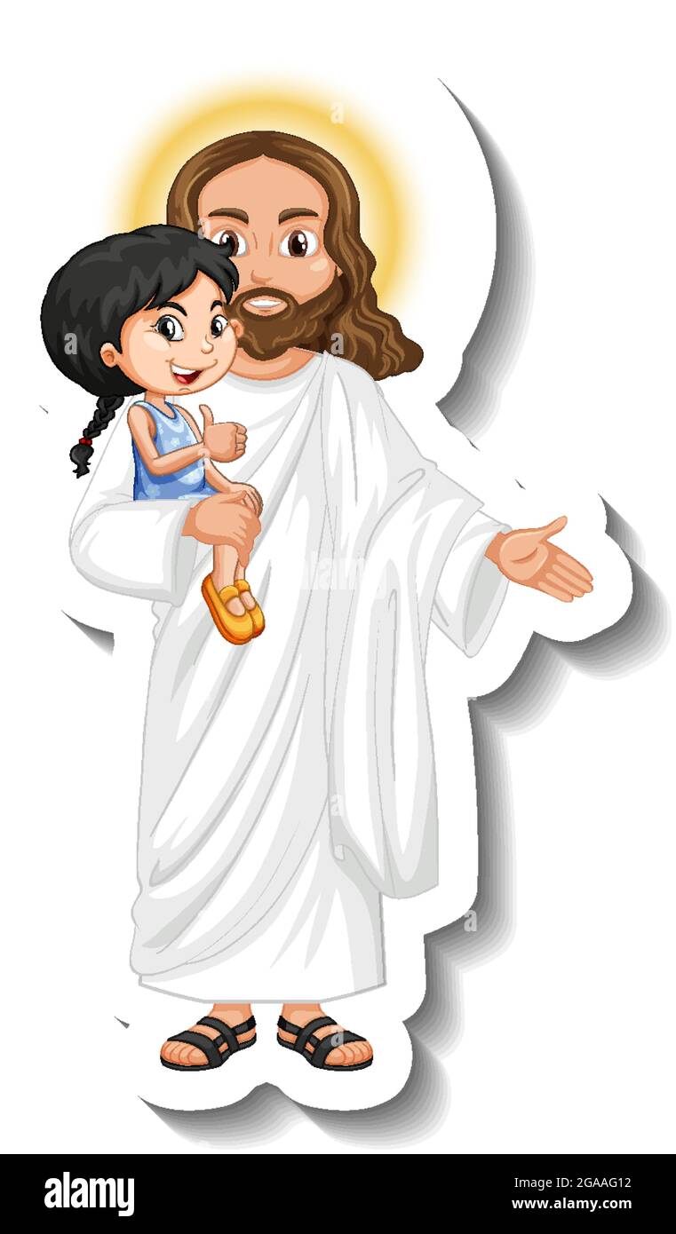 Jésus-Christ tenant un autocollant pour enfants sur l'illustration de fond blanc Illustration de Vecteur