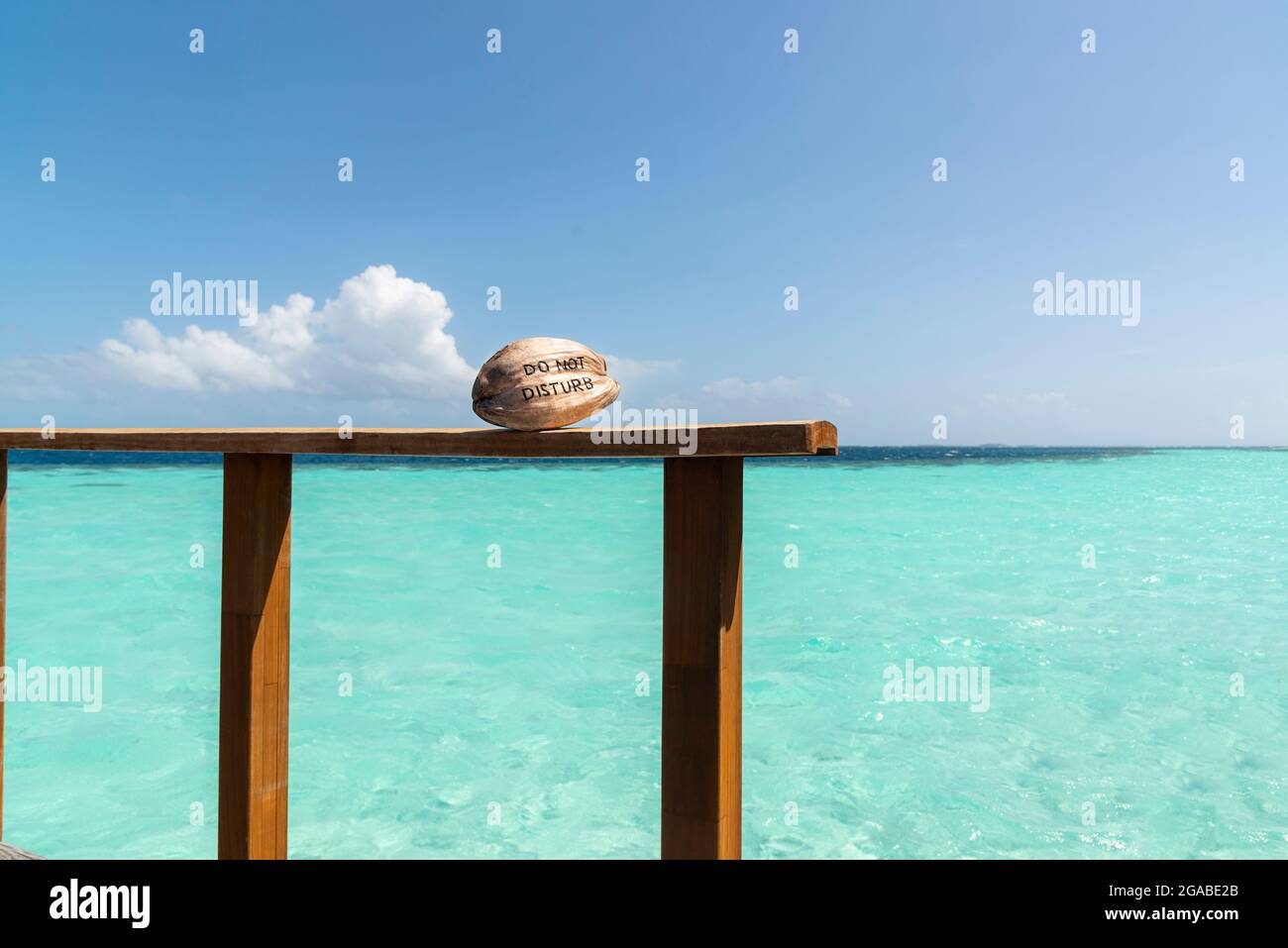 Noix de coco avec ne pas déranger mots lettre gravée de la couleur de l'océan plage et vert transparent eau à l'île de Maldive. Banque D'Images