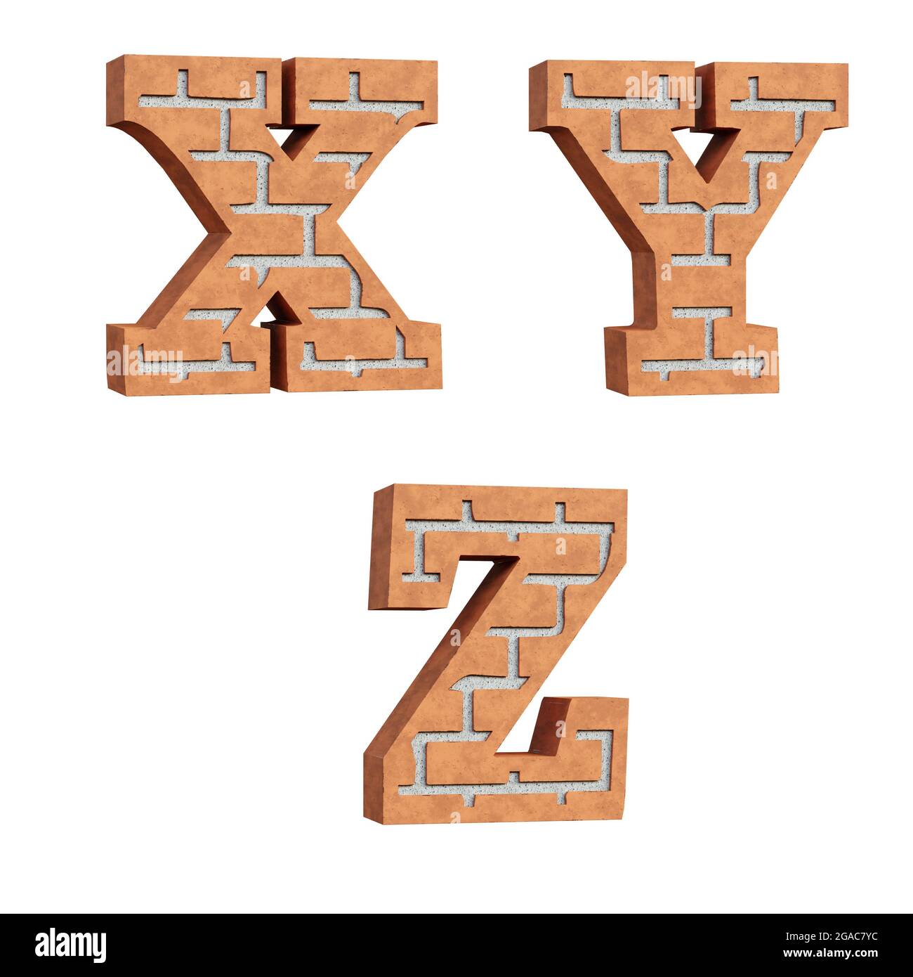 Rendu 3D de l'alphabet de brique rouge - lettres X-Z. Banque D'Images