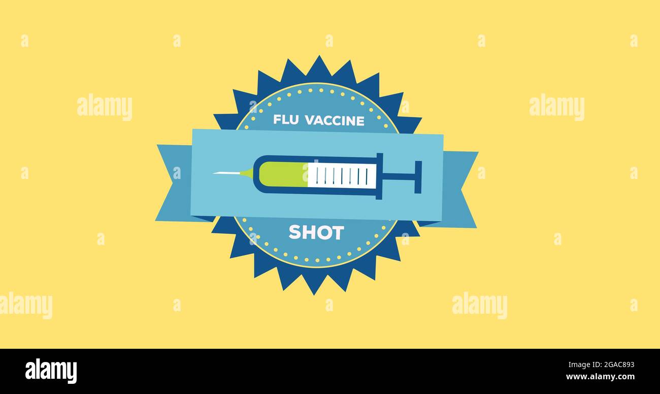 Composition du texte du vaccin contre la grippe et de l'icône de la seringue sur fond jaune Banque D'Images