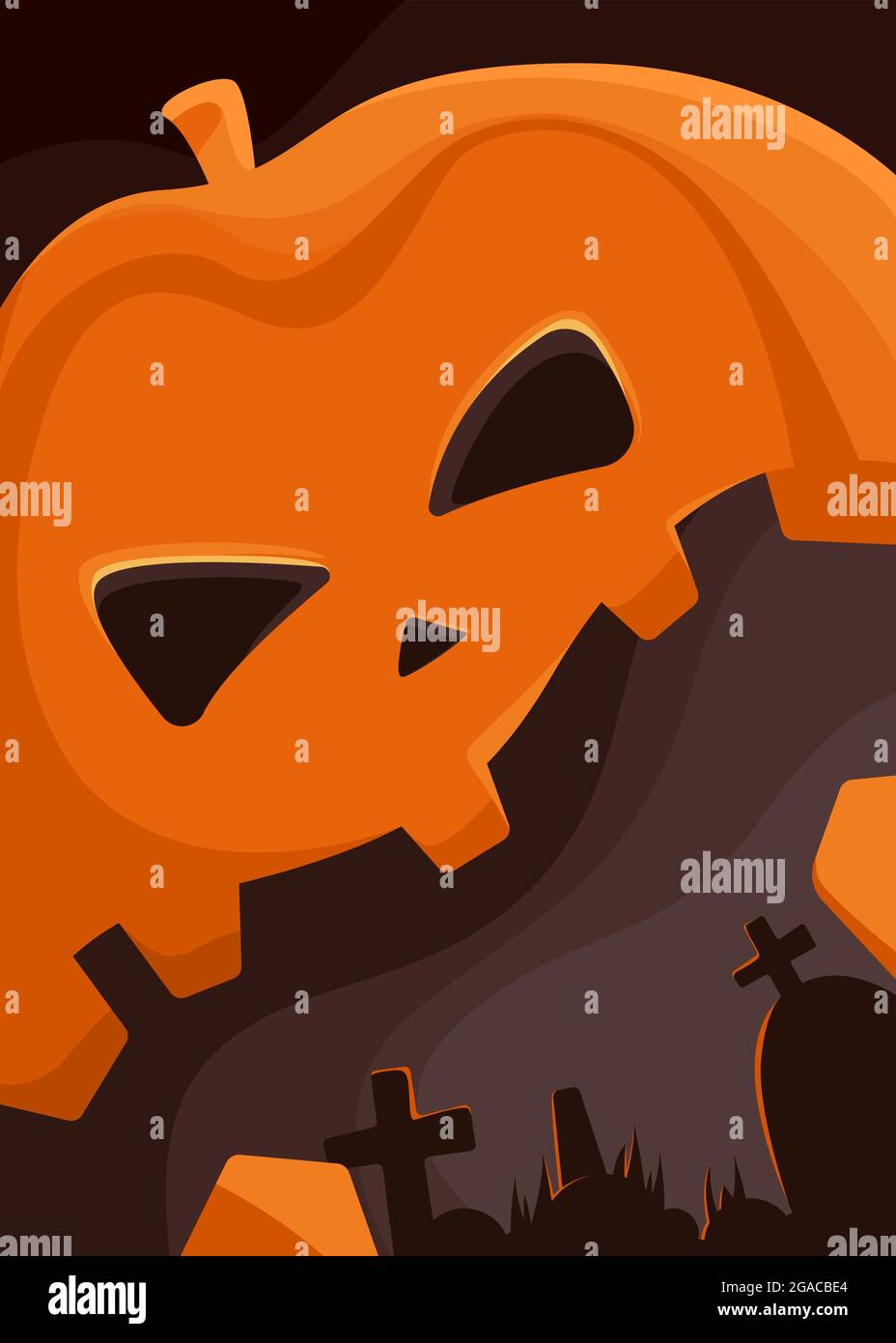 Affiche avec tête de citrouille géante et cimetière. Motif Halloween style dessin animé. Illustration de Vecteur