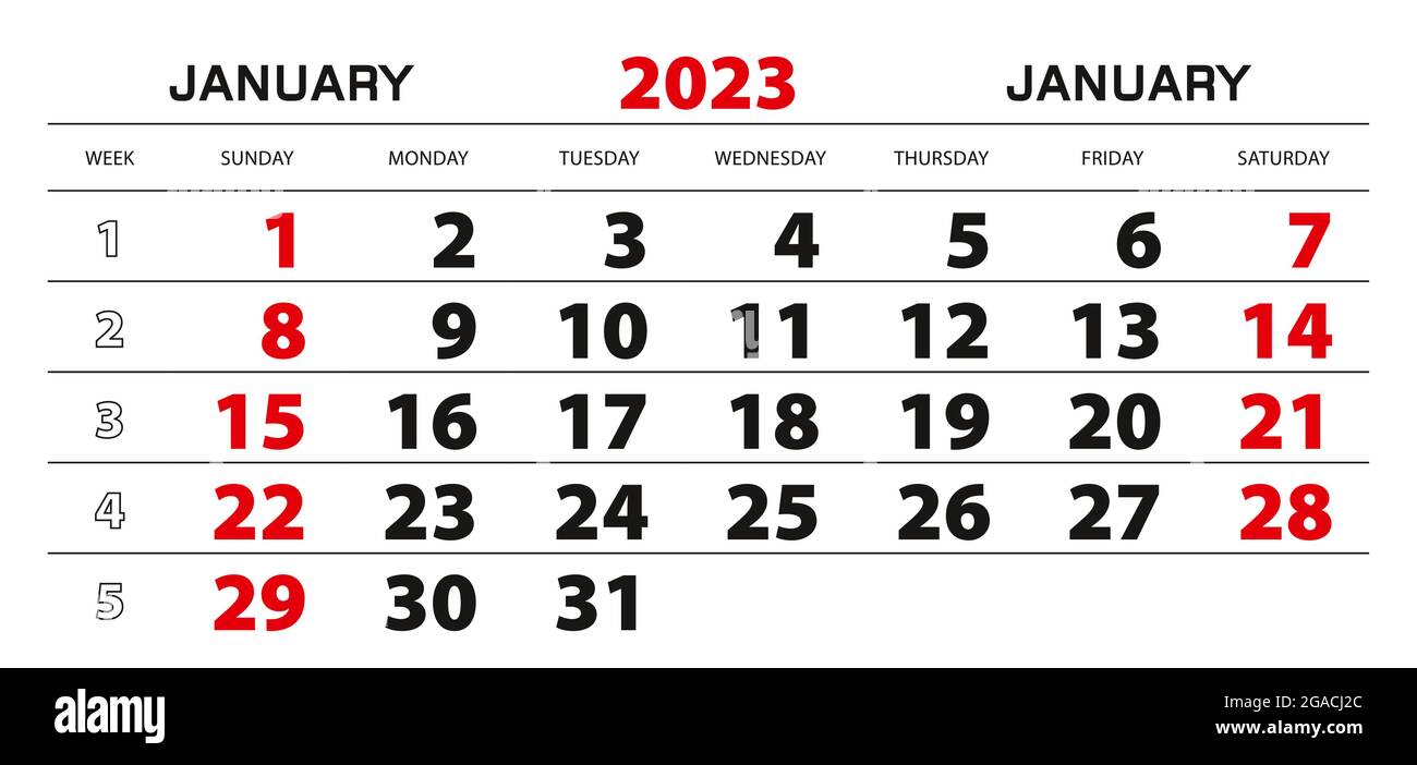 Calendrier Janvier 2023 Design Calendrier Mural 2023 Pour Janvier, La Semaine Commence À Partir Du  Dimanche. Taille De Bloc 297 X 140 Mm Image Vectorielle Stock - Alamy