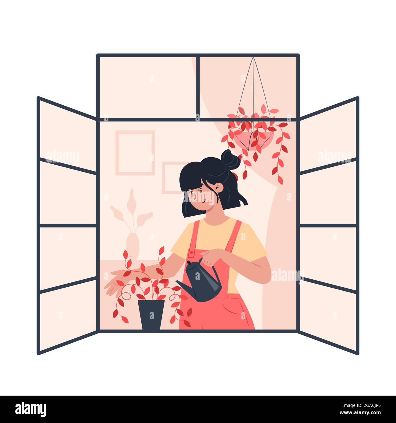 Jeune femme arrosoir des plantes sur une fenêtre ouverte Illustration de Vecteur