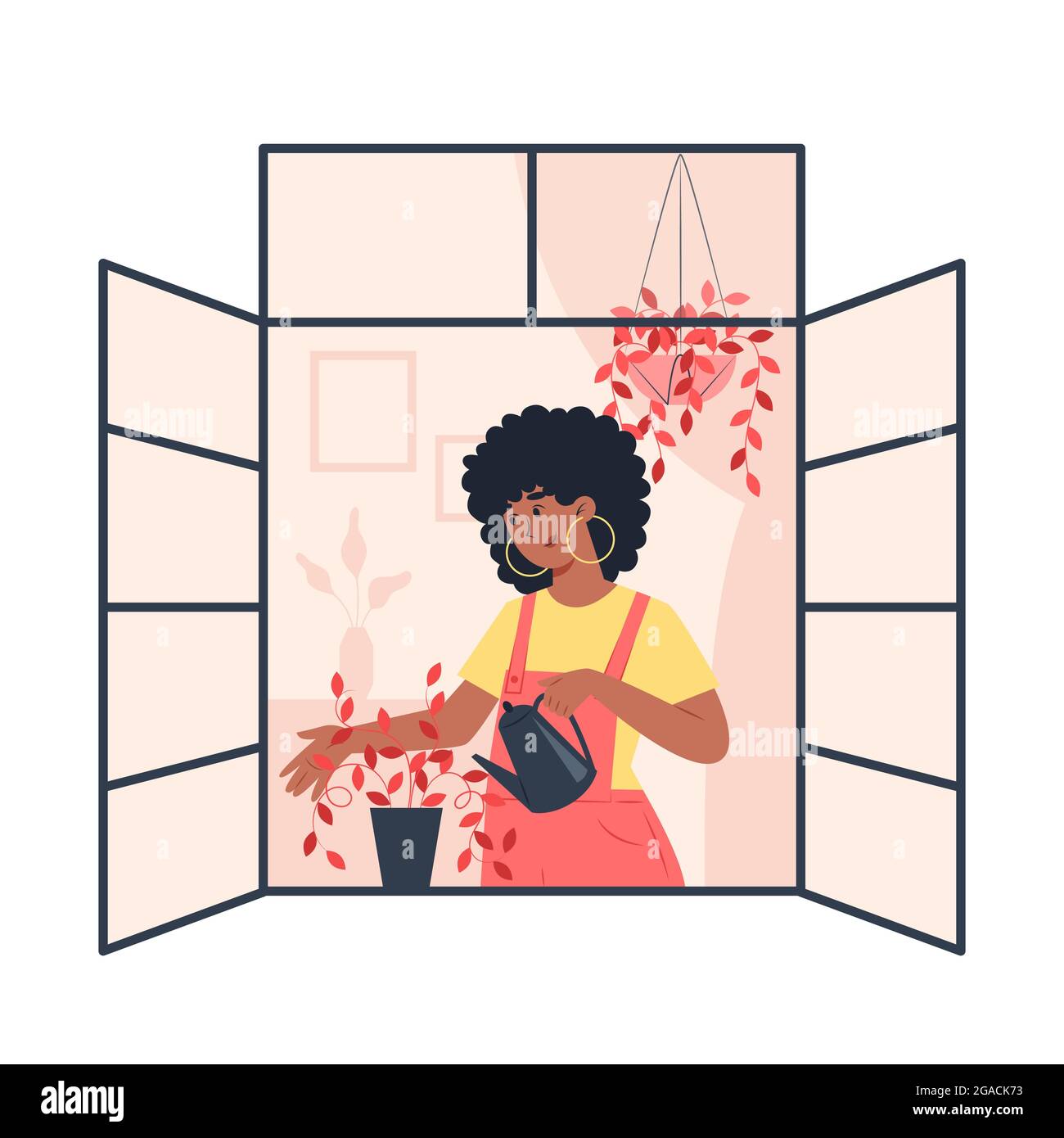 Jeune femme arrosoir des plantes sur une fenêtre ouverte Illustration de Vecteur