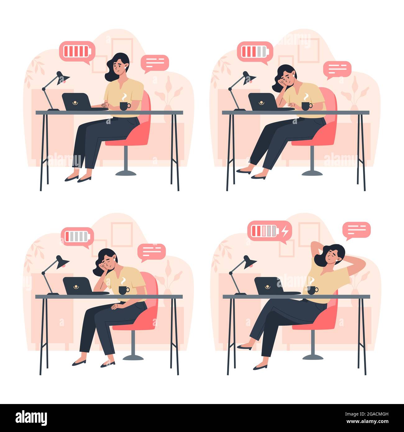 Travailleur productif et travailleur fatigué, productivité pendant la journée de travail, stress ou épuisement professionnel Illustration de Vecteur