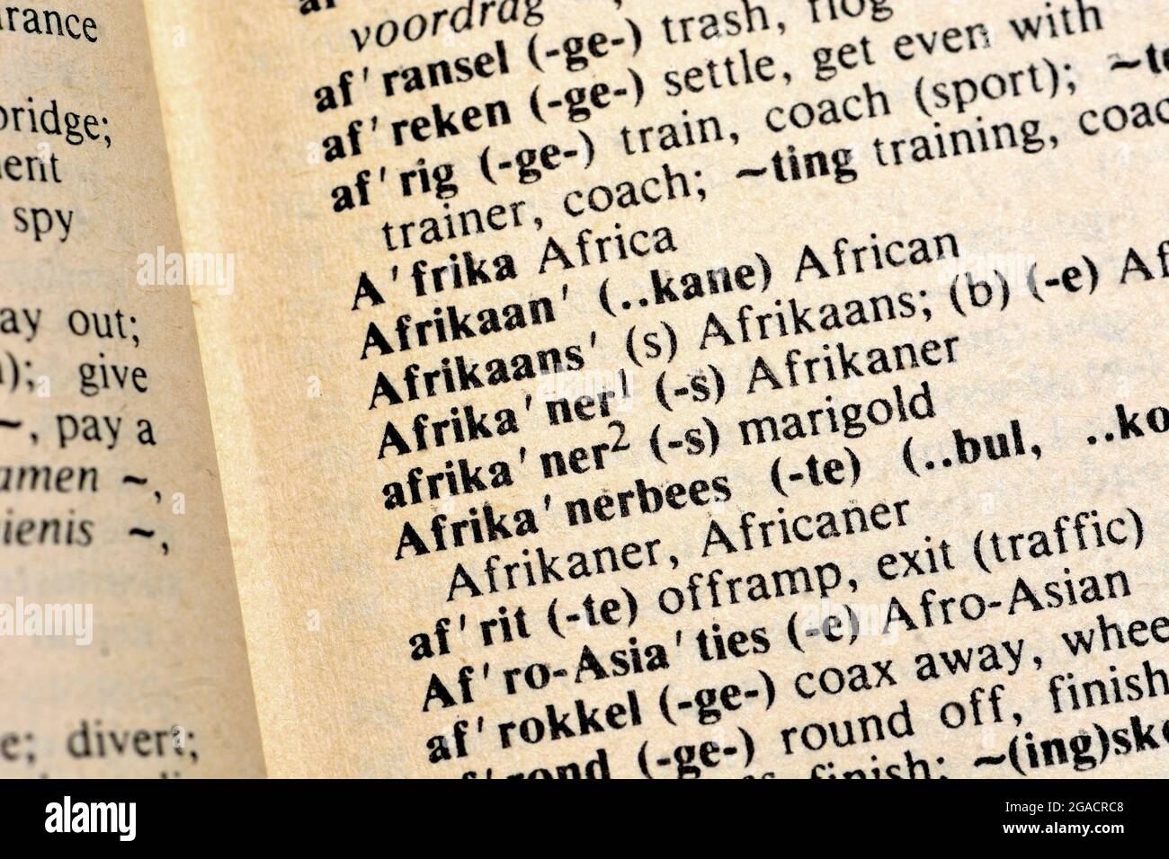 Afikaans / Afrikaner traduit dans un dictionnaire Afrikaans-English Banque D'Images