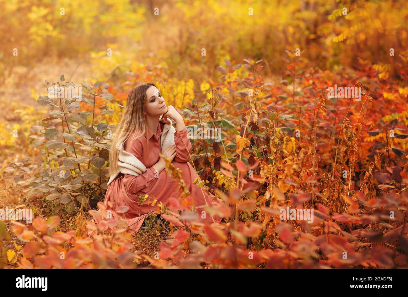 Belle jeune femme blonde portant une robe longue de style boho tout en étant assise avec un look pensif dans l'herbe haute en forêt d'automne décorée dans le rouge et le jaune Banque D'Images