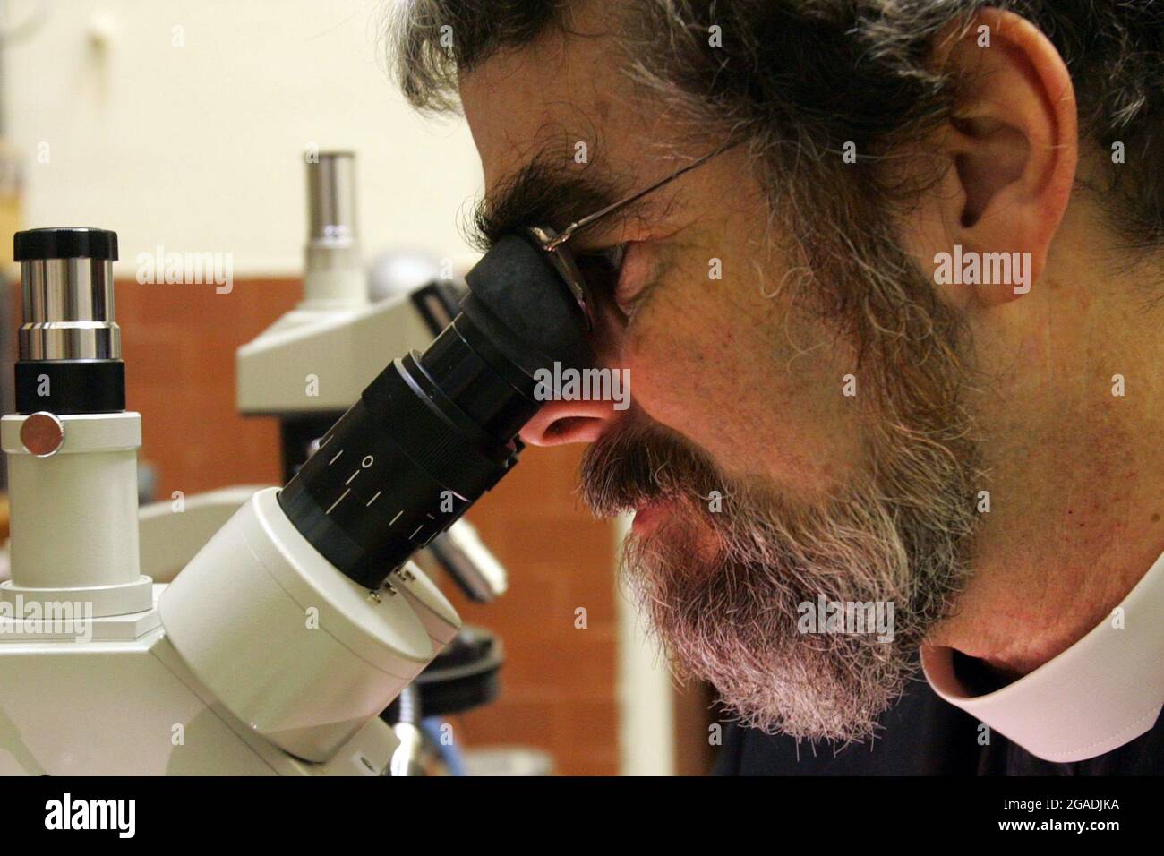 12 décembre 2005 : le frère jésuite américain Guy Consomagno, astronome de l'Observatoire du Vatican, est photographié avec la collection de météorites de l'Observatoire, au siège de l'Observatoire du Vatican à Castel Gandolfo. Banque D'Images