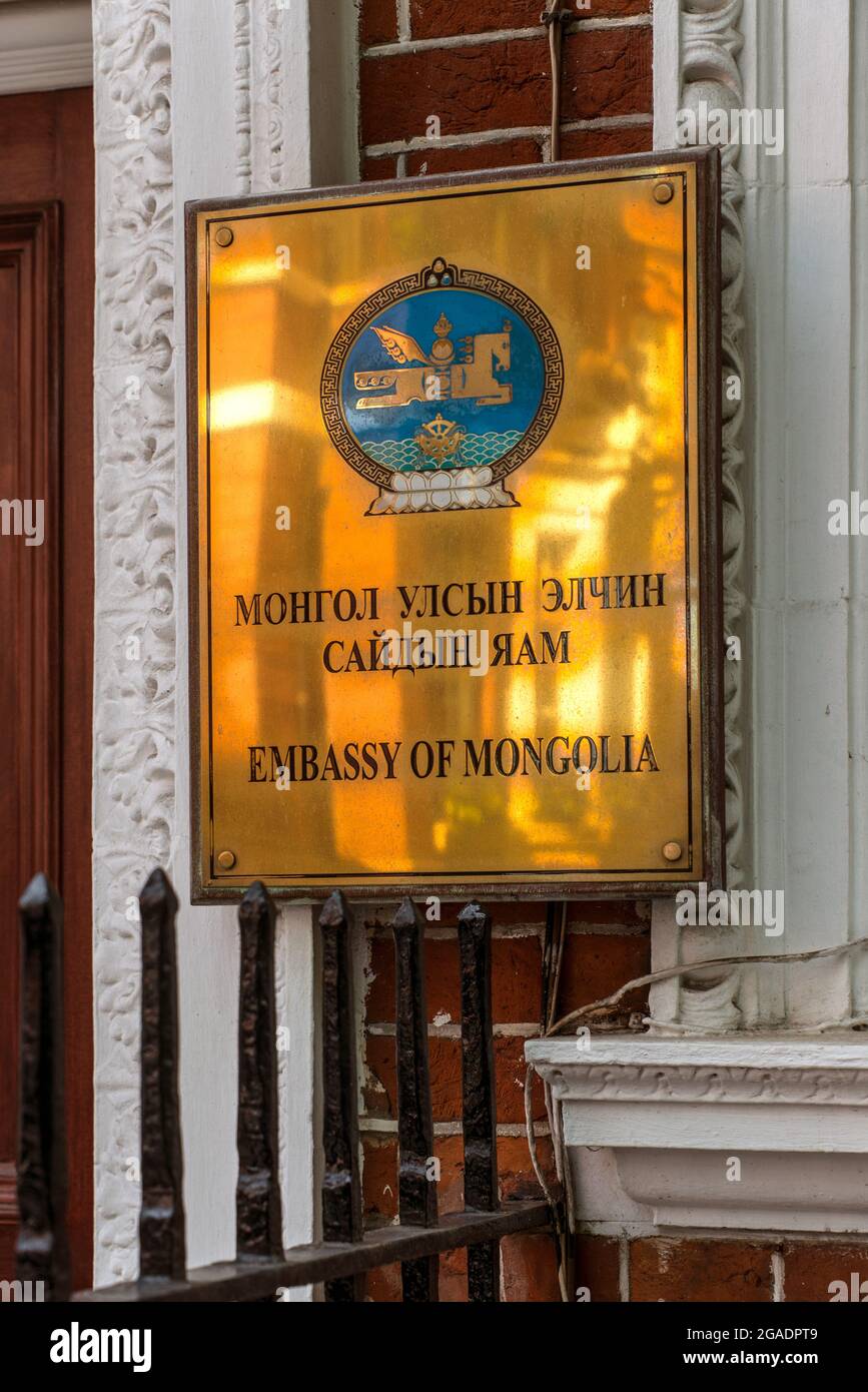 Plaque murale de l'ambassade de Mongolie, Kensington court, Londres Banque D'Images