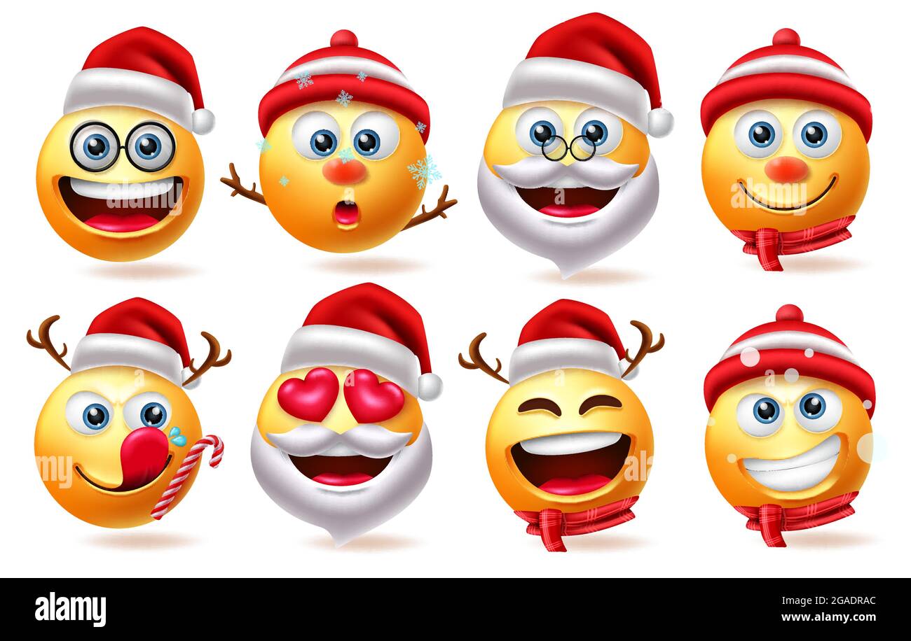 Ensemble de vecteurs de smiley en 3d de Noël. Personnage de Noël comme le père noël, bonhomme de neige et emoji isolé sur fond blanc pour des smileys de Noël. Illustration de Vecteur