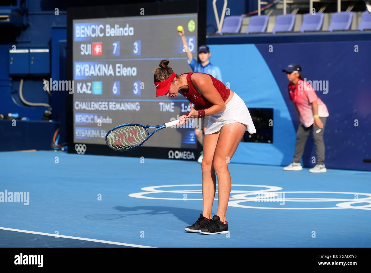 Tokyo, Japon, 29 juillet 2021. Belinda Bencic, de Team Switzerland, crie lors du match semi-fin de tennis féminin entre Belinda Bencic, de Team Switzerland, et Elena Rybakina, de Team Kazakhstan, le 6 e jour des Jeux Olympiques de Tokyo en 2020. Credit: Pete Dovgan/Speed Media/Alay Live News Banque D'Images