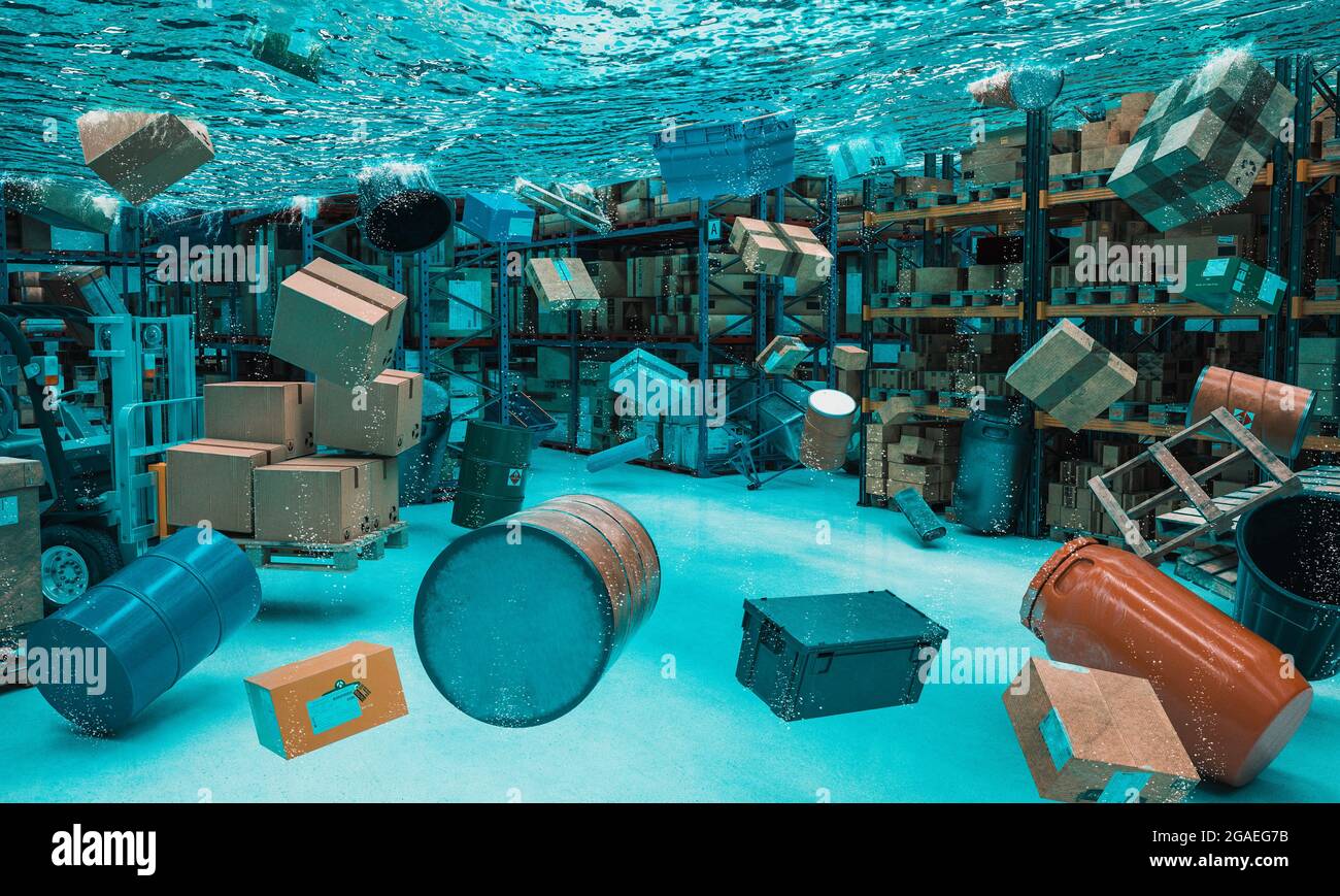 entrepôt de fret inondé d'objets flottants. concept de problème logistique. rendu 3d Banque D'Images