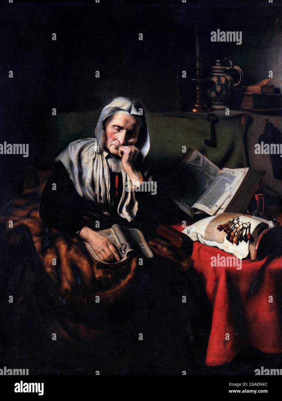 Vieille femme Dozing par Nicolaes Maes (1634-1693), huile sur toile Banque D'Images