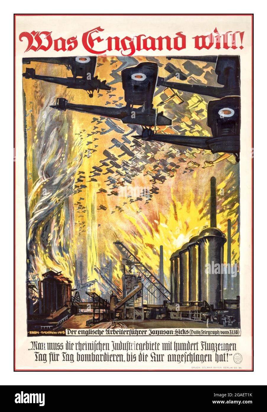 Affiche de propagande allemande de la première Guerre mondiale 'ce que veut l'Angleterre' / Egon Tschirch 1918. Tschirch, Egon, 1889-1948, artiste Rehse Archivy für Zeitgeschichte und Publizistik, DLC publié: Berlin : Selmar Bayer, 1918. (Affiche) : lithographie, couleur ; affiche des essaims d'avions britanniques bombardant une usine.' Ce que veut l'Angleterre ! » Le texte ajouté est une citation du chef du parti travailliste britannique Johnson-Hicks qui a paru dans Daily Telegraph, 3 janvier 1918: 'Il faut bombarder jour après jour la zone industrielle du Rhin avec des centaines d'avions, jusqu'à ce que la guérison (destruction) de la production industrielle allemande ait eu lieu Banque D'Images