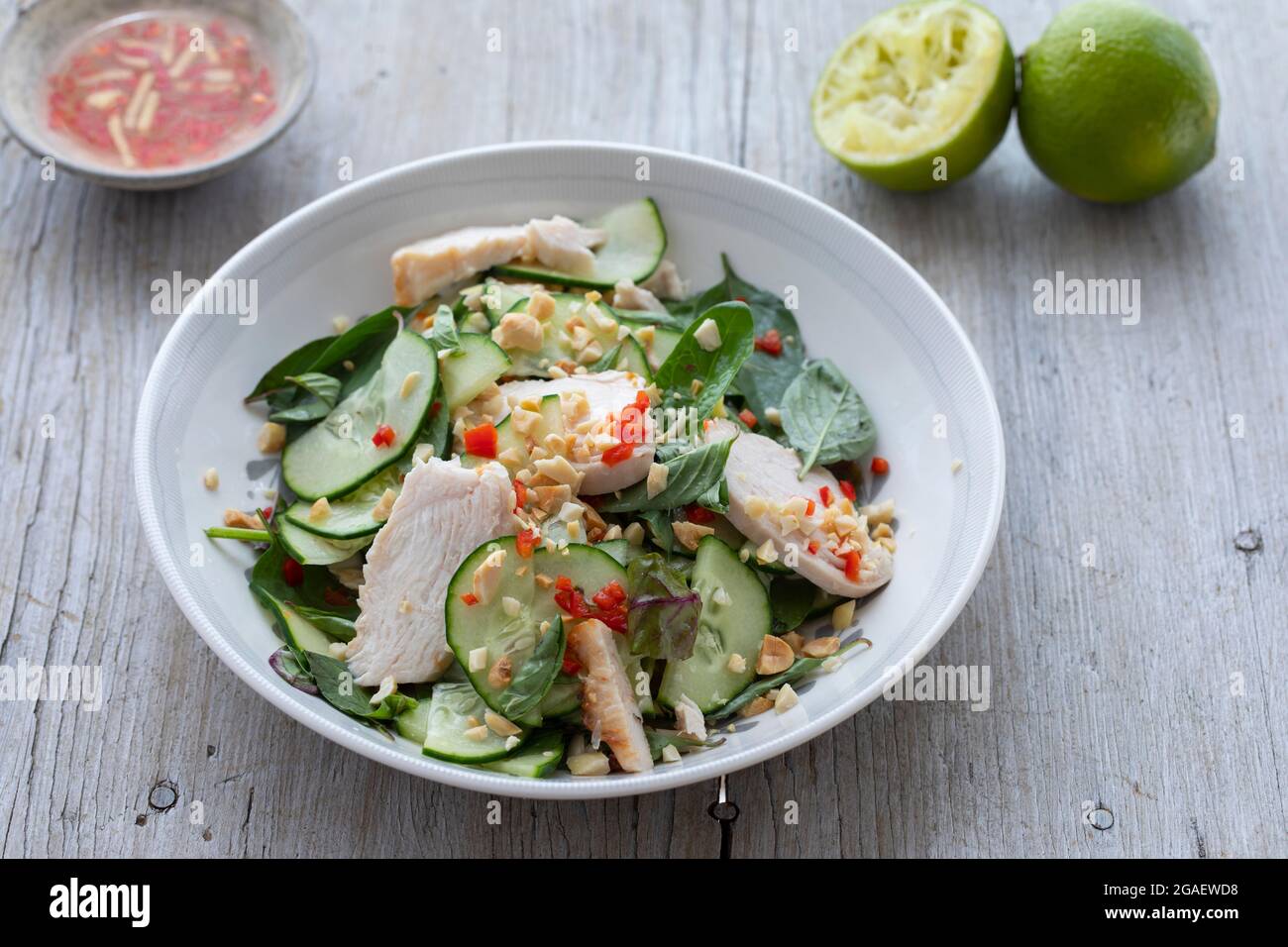 Salade de poulet de style thaïlandais au concombre et aux arachides Banque D'Images