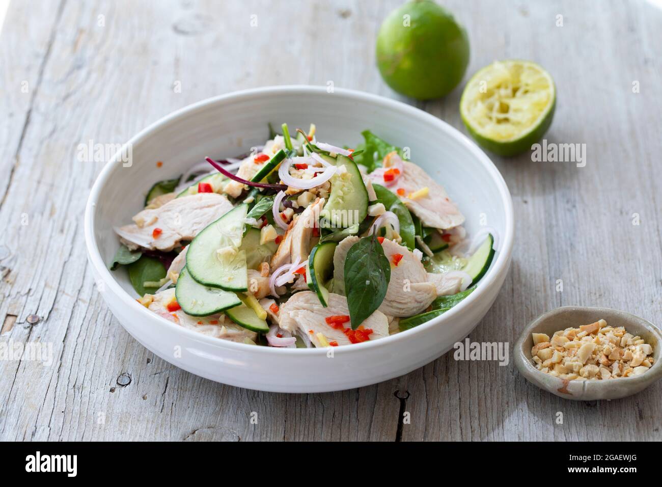 Salade de poulet de style thaïlandais au concombre et aux arachides Banque D'Images