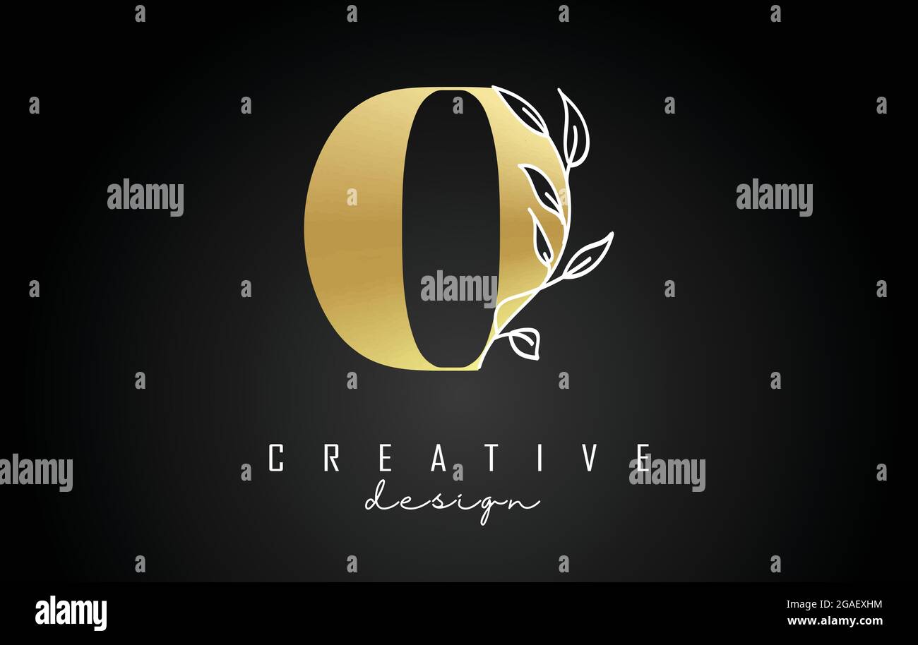 Logo Golden O avec illustration vectorielle de branche à feuilles blanches. Icône créative et élégante avec la lettre O. Illustration de Vecteur