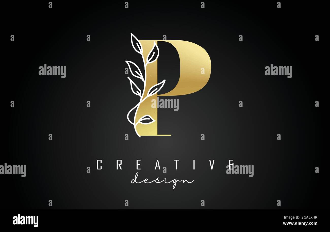 Logo lettre P dorée avec illustration vectorielle de branche à feuilles blanches. Icône créative et élégante avec la lettre P. Illustration de Vecteur
