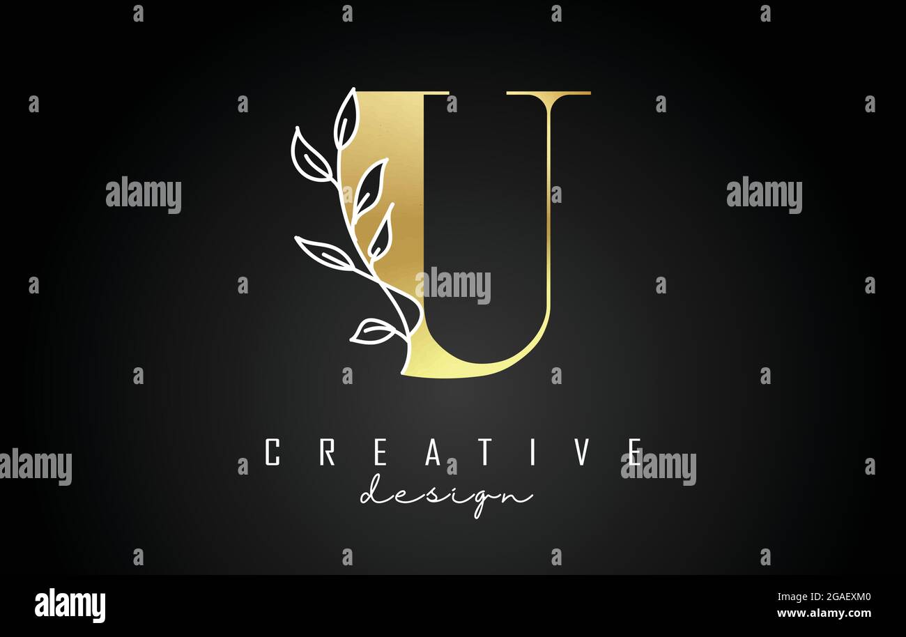 Logo lettre U doré avec illustration vectorielle de branche à feuilles blanches. Icône créative et élégante avec la lettre U. Illustration de Vecteur