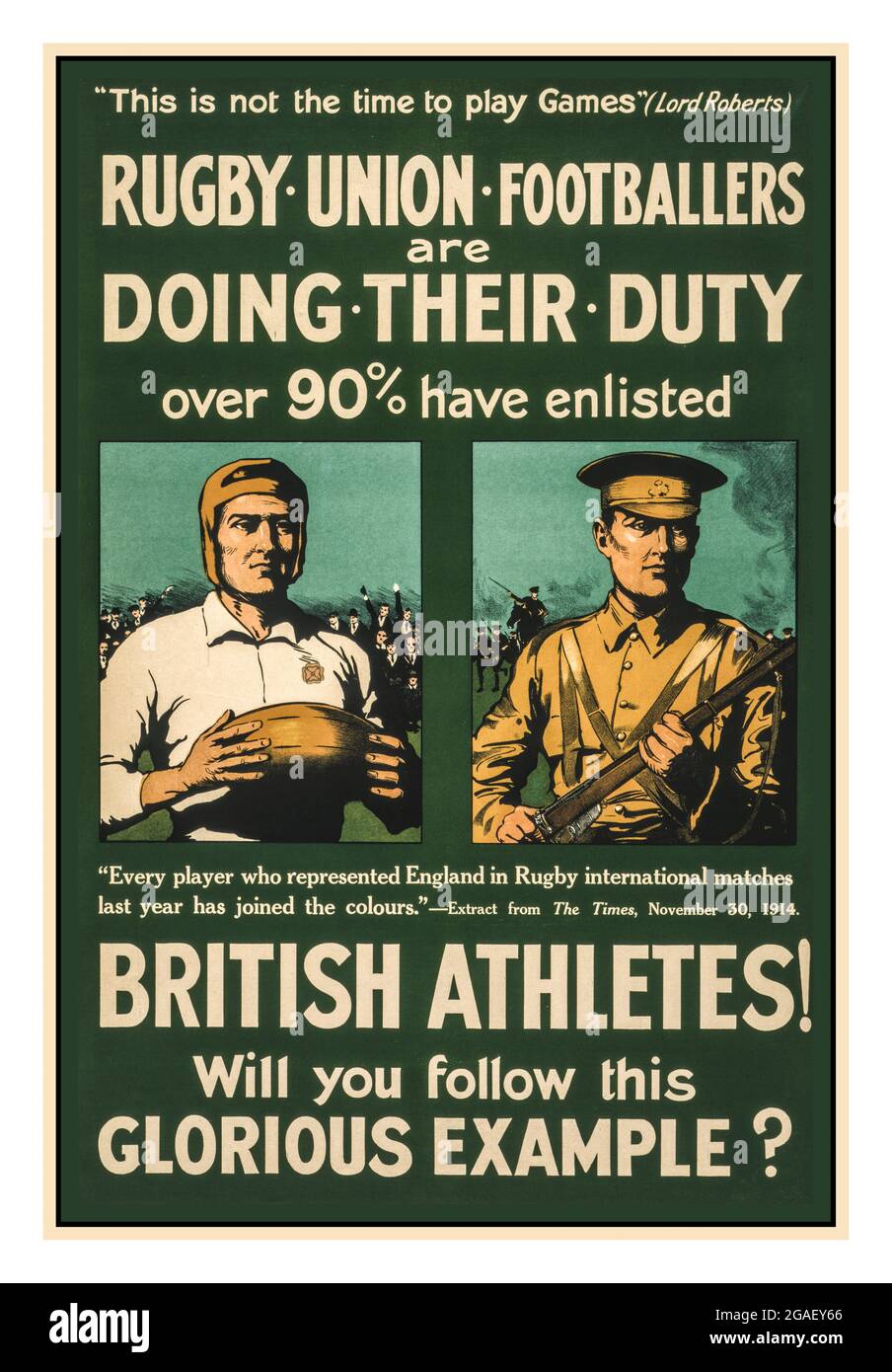 WW1 recrutement recrutement propagande Poster Royaume-Uni: Les footballeurs de rugby font leur devoir. Plus de 90 % ont été inscrits. Les athlètes britanniques! Suivrez-vous cet exemple glorieux ? / imprimé par Johnson, Riddle & Co., Ltd., London, S.E. Date de création/publication: Londres : Département de la publicité, Central London Recruiting Depot, [1915] (affiche) : lithographie, affiche couleur montrant deux portraits en demi-longueur côte à côte, d'un joueur de rugby et d'un soldat. « faire son devoir » Guerre mondiale, 1914-1918--recrutement et enrôlement--Grande-Bretagne. Rugby--Grande-Bretagne--1910-1920. Soldats--britanniques--1910-1920. Banque D'Images