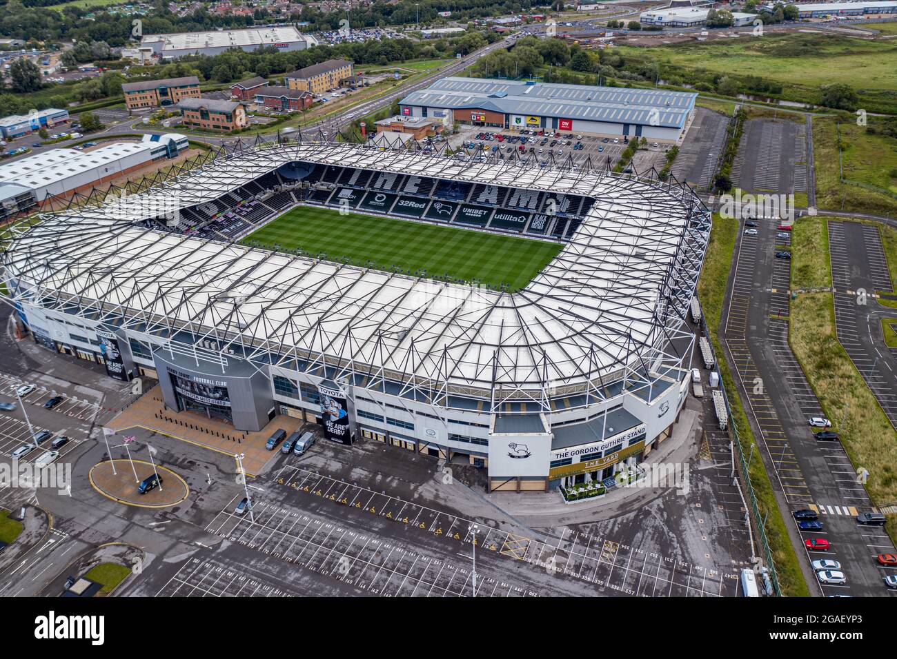 Vue aérienne de Pride Park Derby, stade du club de football du comté de Wayne Rooney's Derby Banque D'Images