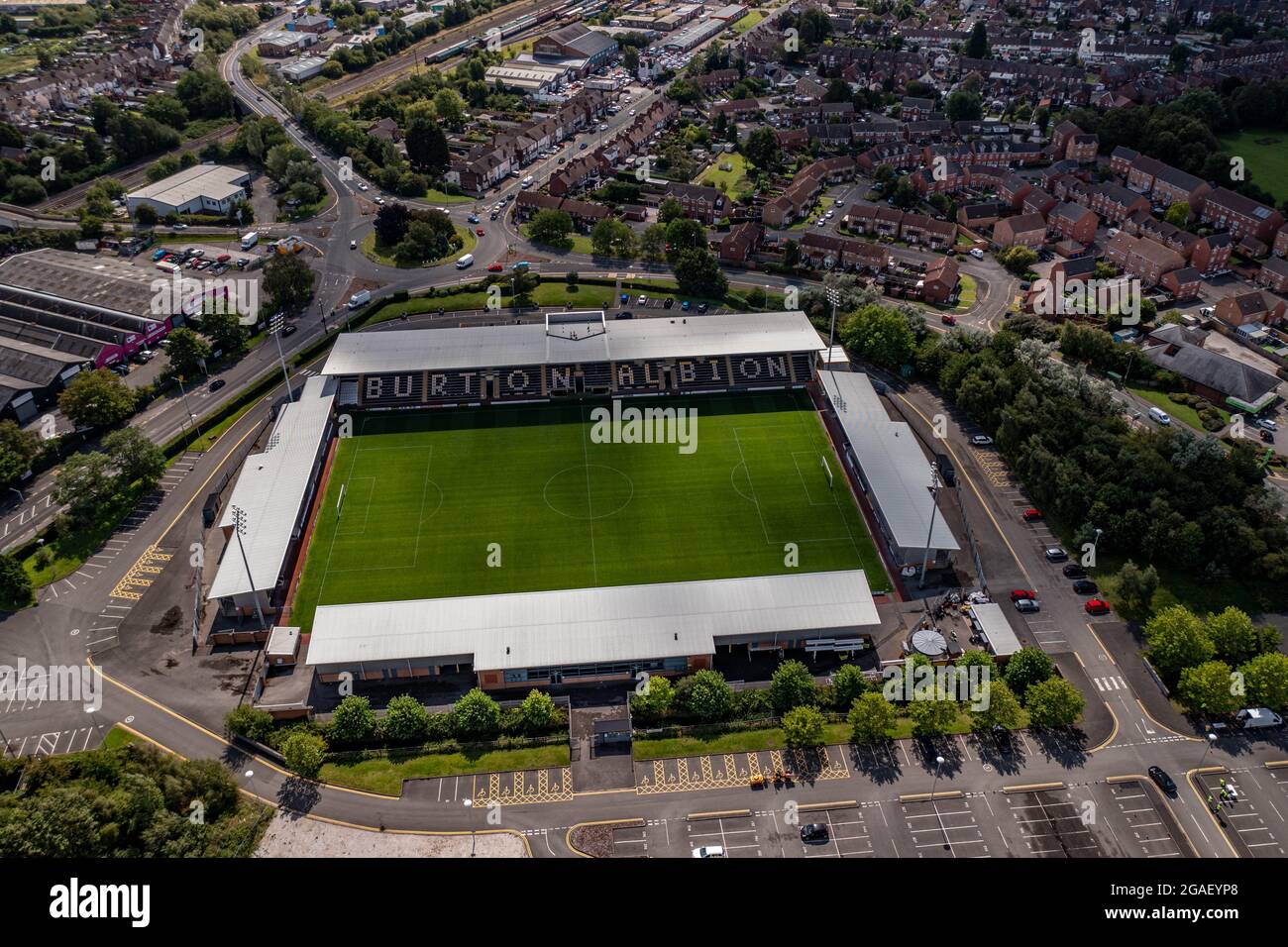 Pirelli Stadium Princess Way Burton Albion football Club Aerial Drone Staffordshire England football Clubs by Drone Covid 19 Shut down Banque D'Images
