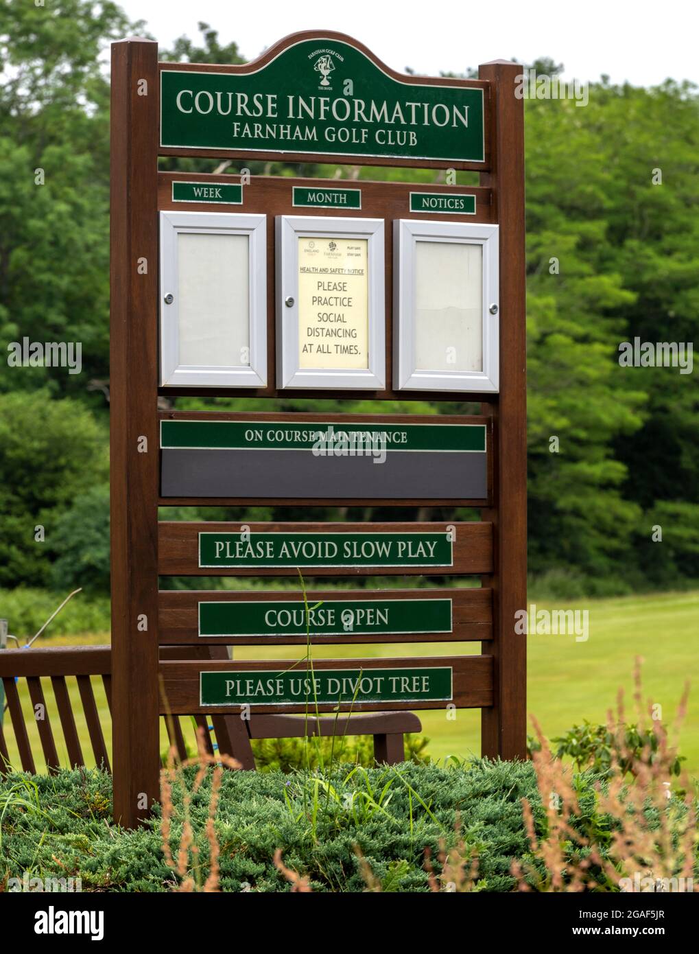 Farnham Golf Club, Blighton Lane, The Sands, Farnham, Surrey, Angleterre, Royaume-Uni - panneau d'information Banque D'Images