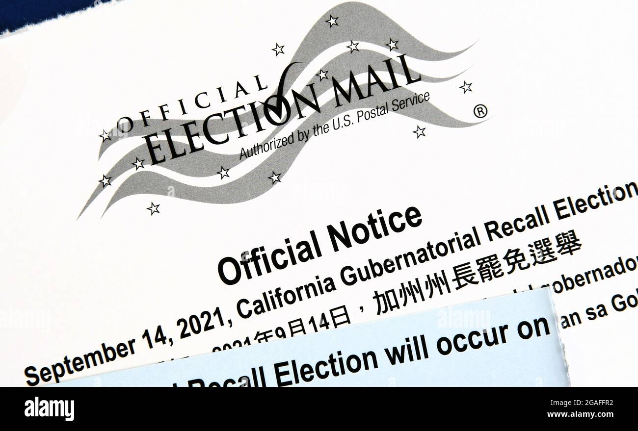 Bulletin officiel des élections pour le September14 2021 Californie élection de rappel des gouverneurs ; la quatrième élection de rappel des gouverneurs jamais tenue aux États-Unis. Banque D'Images