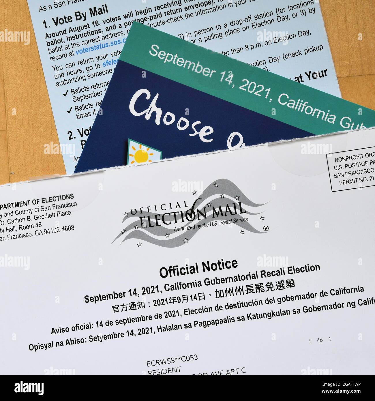 Bulletin officiel des élections pour le September14 2021 Californie élection de rappel des gouverneurs ; la quatrième élection de rappel des gouverneurs jamais tenue aux États-Unis. Banque D'Images