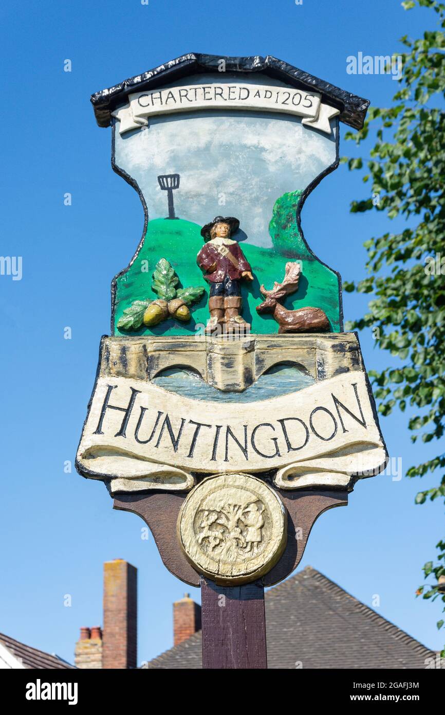 Panneau de la ville de Huntingdon, Princes Street, Huntingdon, Cambridgeshire, Angleterre, Royaume-Uni Banque D'Images