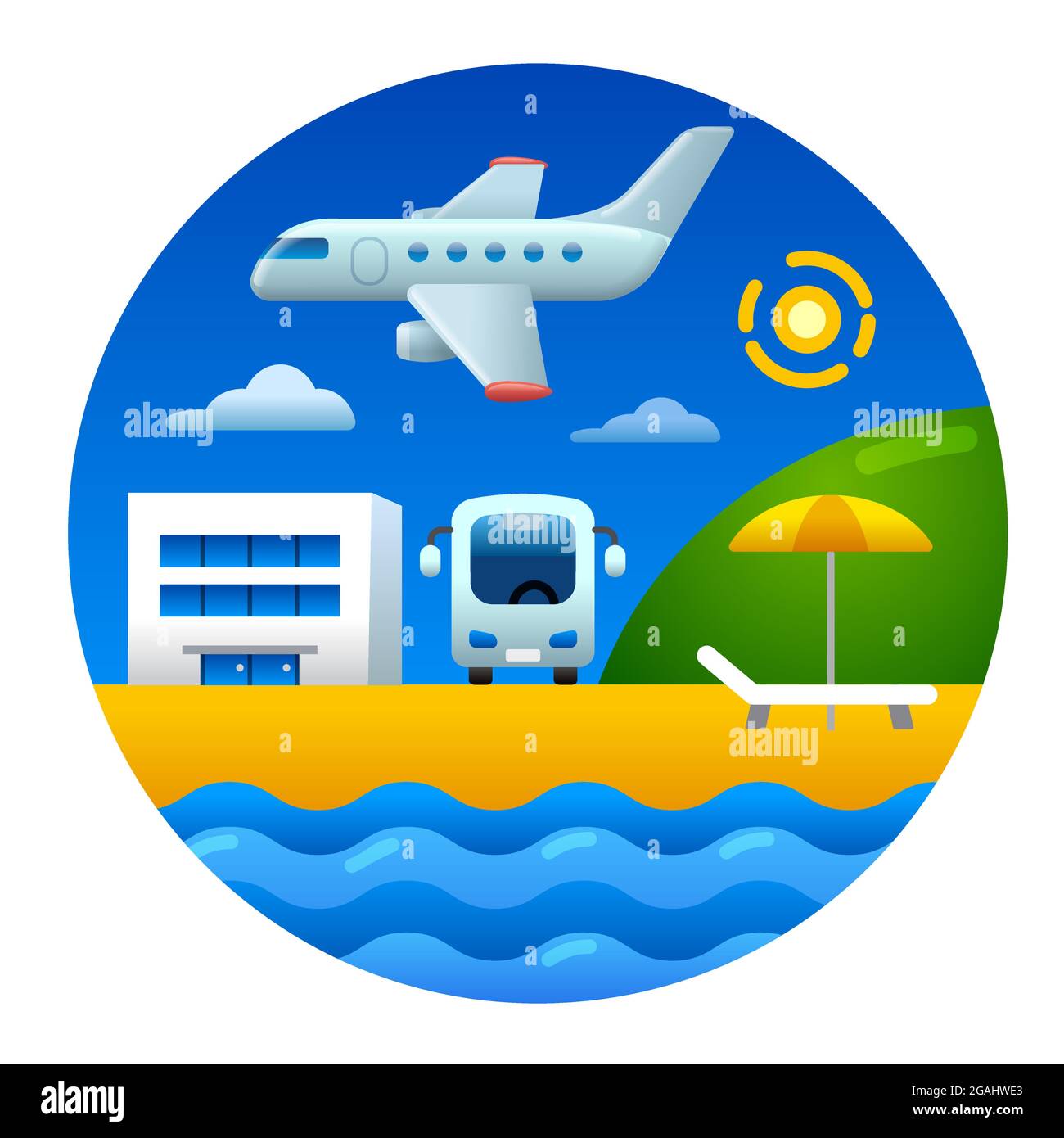 illustration du vol en avion et de l'icône de station balnéaire d'été de l'hôtel Illustration de Vecteur