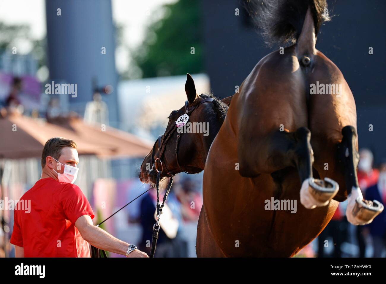 L'Allemand Maurice Tebbel et son cheval Don Diarado photographiés lors de la première inspection du cheval pour la compétition de saut individuel, le jour 9 du 'to Banque D'Images
