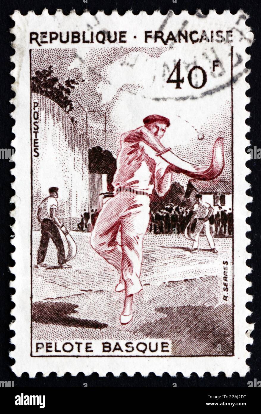FRANCE - VERS 1956 : un timbre imprimé en France montre la pelote basque, Jai Alai, Team Sport, vers 1956 Banque D'Images
